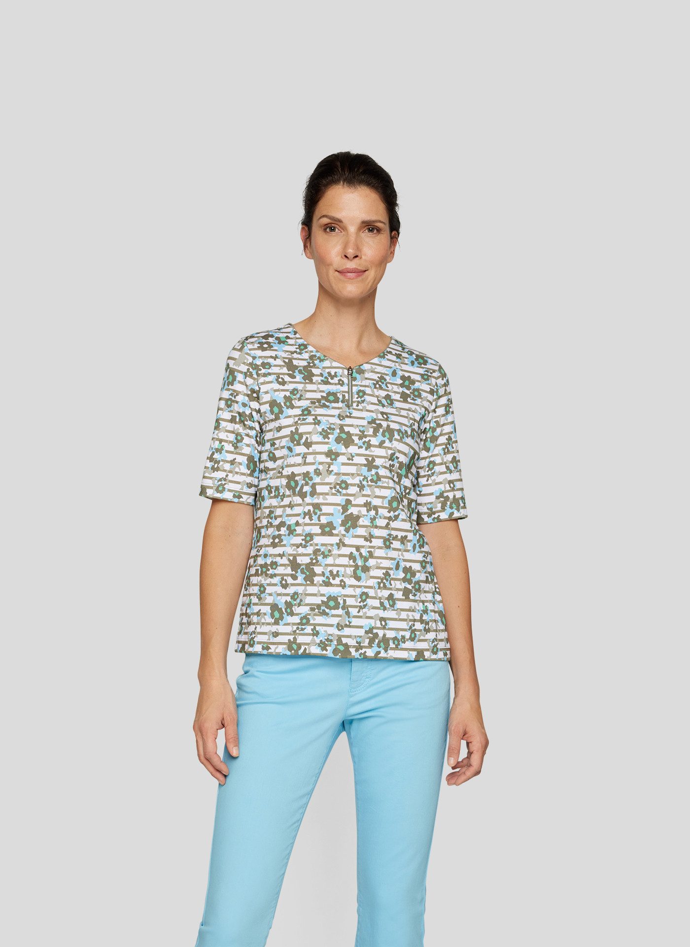 Rabe Rundhalsshirt mit Reißverschluss und floralem Muster günstig online kaufen