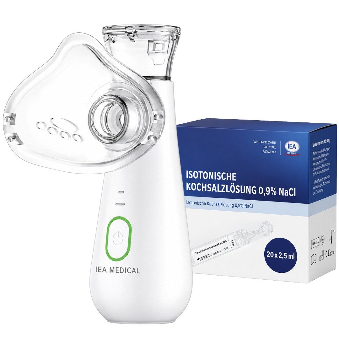 IEA Medical Inhalationsgerät IEA Medical Inhalationsgerät Set mit Kochsalzlösung 0,9%, 20 x 2,5 ml, inkl. Kochsalzlösung, Mundstück, Kinder- und Erwachsenenmaske, Mesh-Vernebler, 3 Aufsätze, USB-C, 20 sterile Einzeldosis-Ampullen