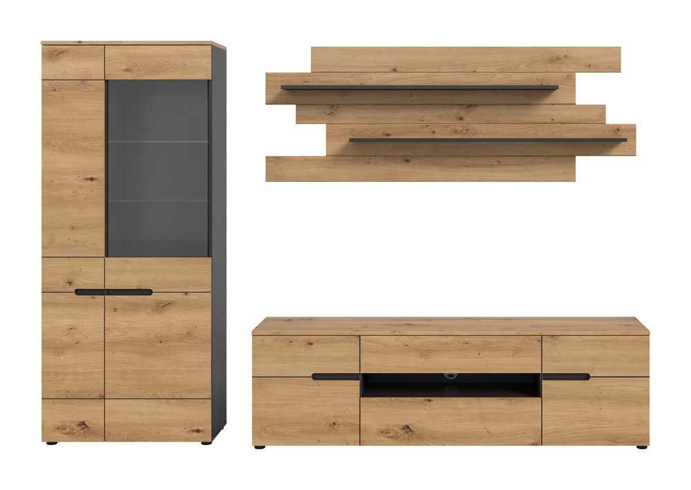 xonox.home Wohnwand Wohnwand Canu 1, 3-teilig, Artisan / Basalt Grau, (3-St., Vitrine,Lowboard,Wandboard), Wohnkombination, modern