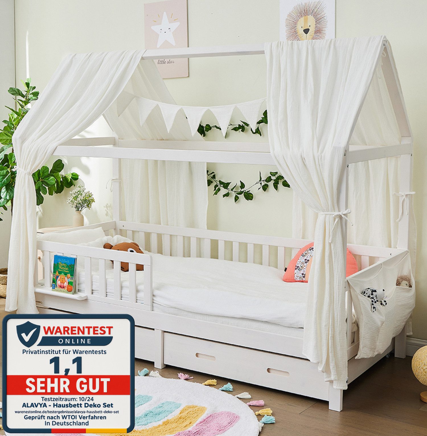 Alavya Home® Betthimmel Dekoset für Hausbett CLOUD 80x160, 90x200 – OTTOs Choice, Хиты продаж (KOMPLETT SET I 2 Stück Betthimmel I 1 Stück Wimpelkette 300cm cm lang mit 9 Stück Wimpeln, 3-tlg), Dekoset aus 100% Bio-Musselin Baumwolle GOTS zertifiziert, 125x350 cm