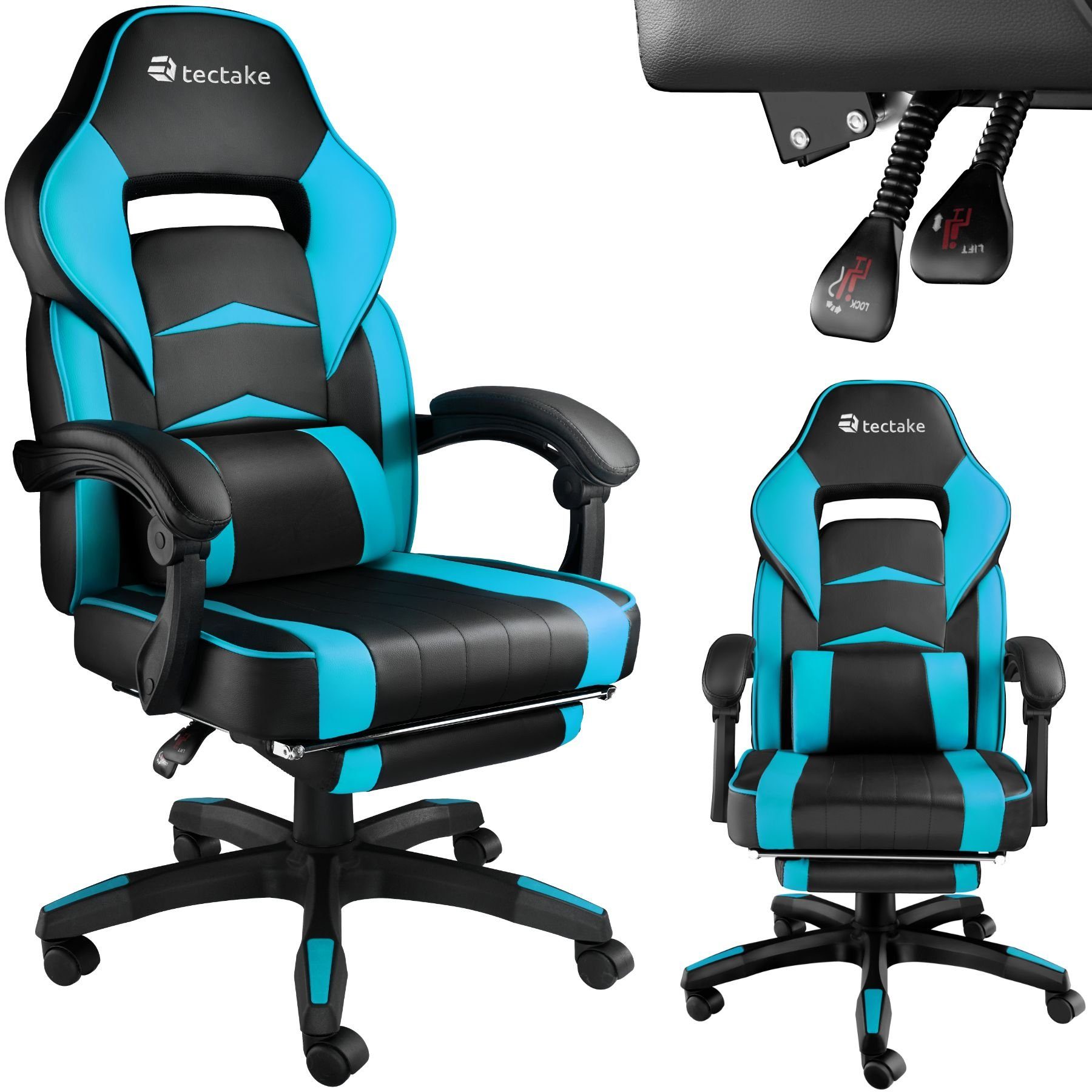 tectake Gaming-Stuhl Comodo (1er, 1 St), Fußstütze schwarz/azur | Stühle
