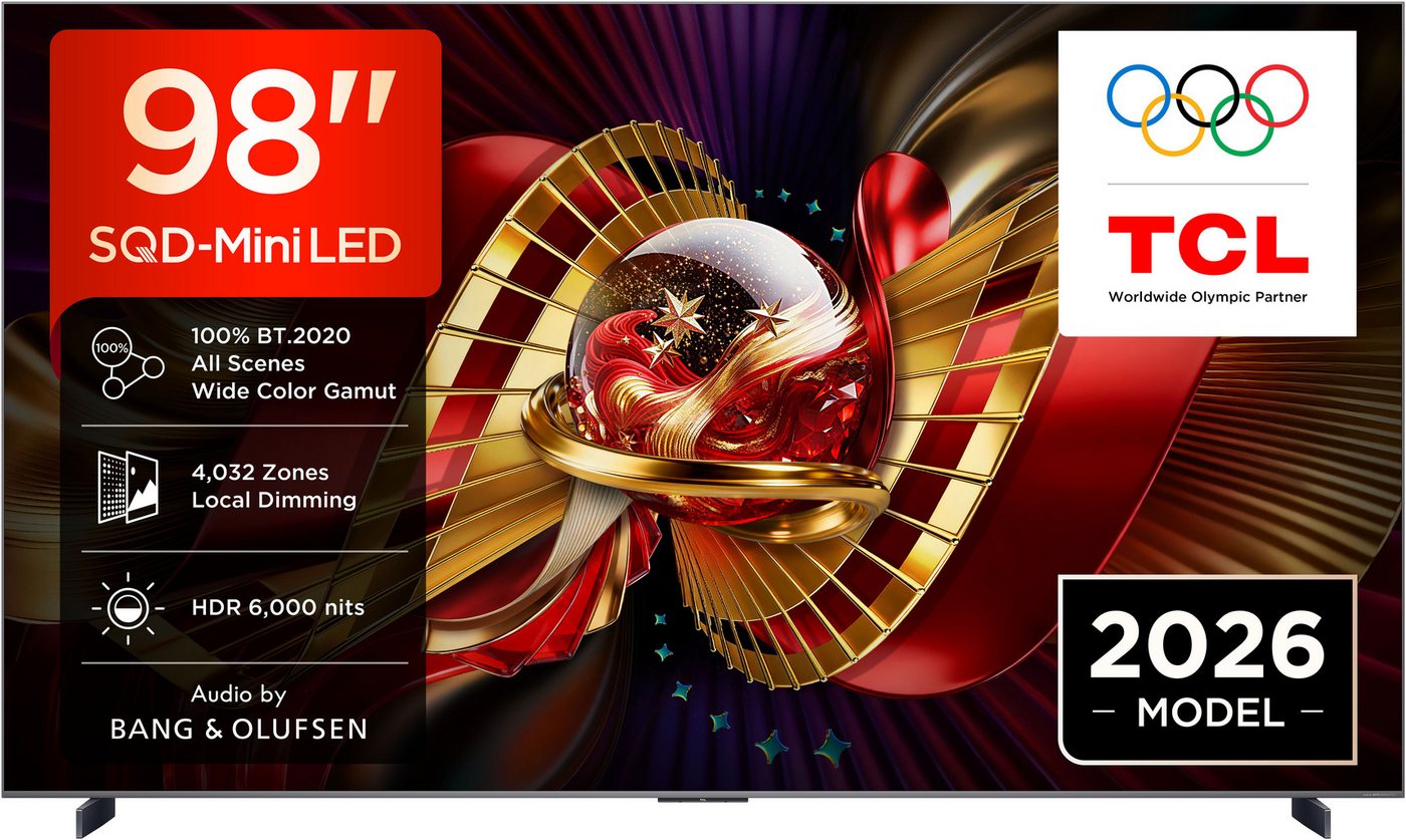 TCL 98C8LX1 Mini-LED-Fernseher (248 cm/98 Zoll, 4K Ultra HD, Google TV, SQD-Mini LED, HDR 6000 Nits, 100%BT.2020, 144Hz, AiPQ Pro,Dolby Vision)