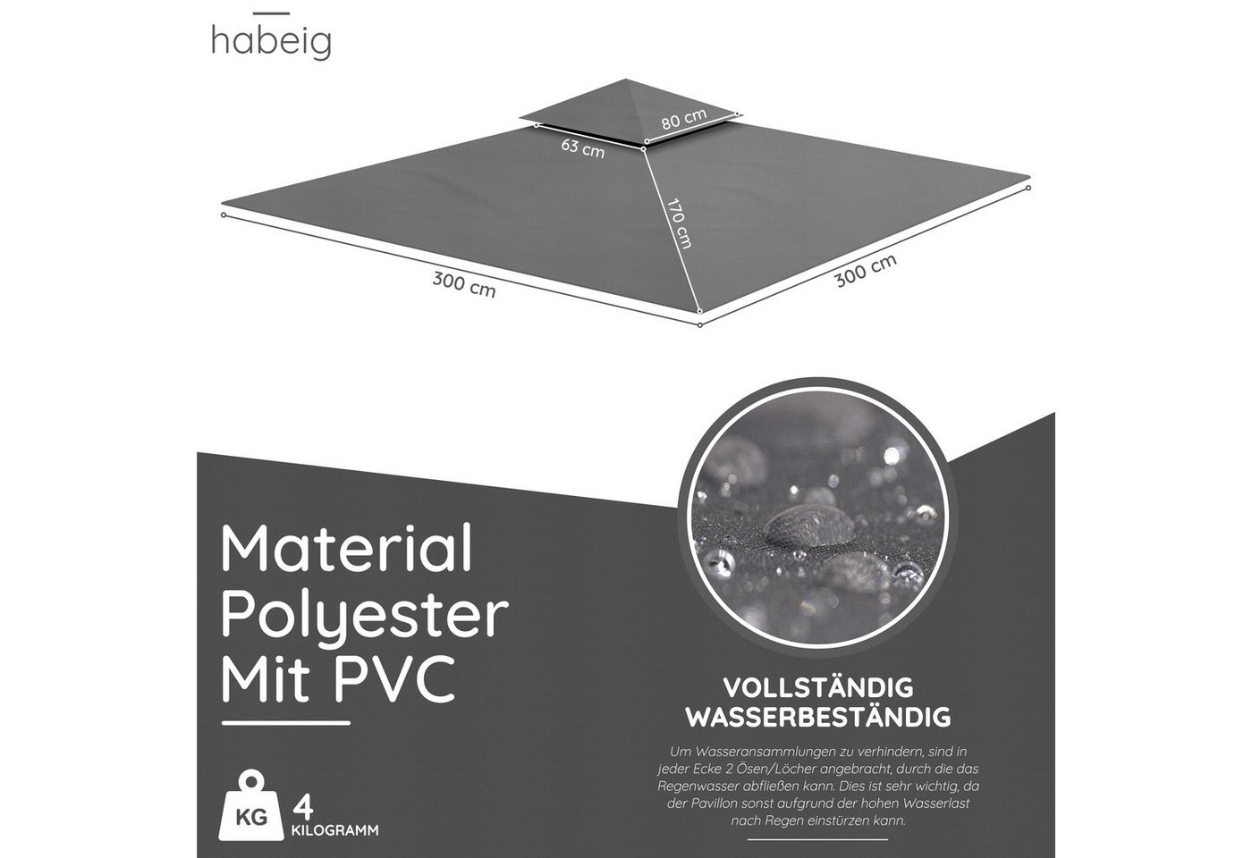 Thumbnail - habeig Pavillon-Ersatzdach Ersatzdach 340g/m² SPITZ PVC Beschichtung Pavillondach Wasserdicht, 310,00 g/m², 100% Wasserd...