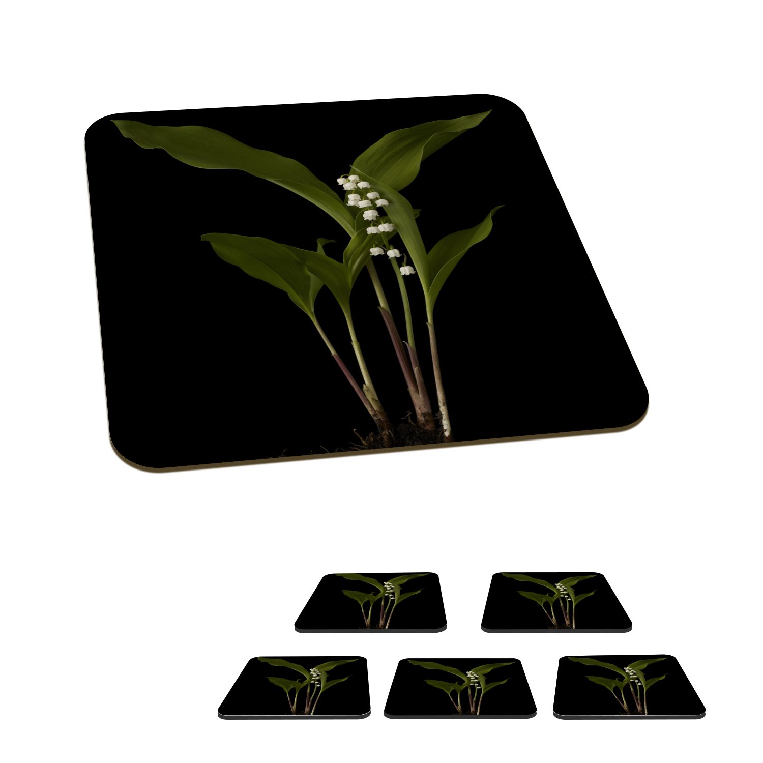 MuchoWow Glasuntersetzer Maiglöckchen mit Blättern auf schwarzem Hintergrund, Zubehör für Gläser, 6-tlg., Glasuntersetzer, Tischuntersetzer, Korkuntersetzer, Untersetzer, Tasse