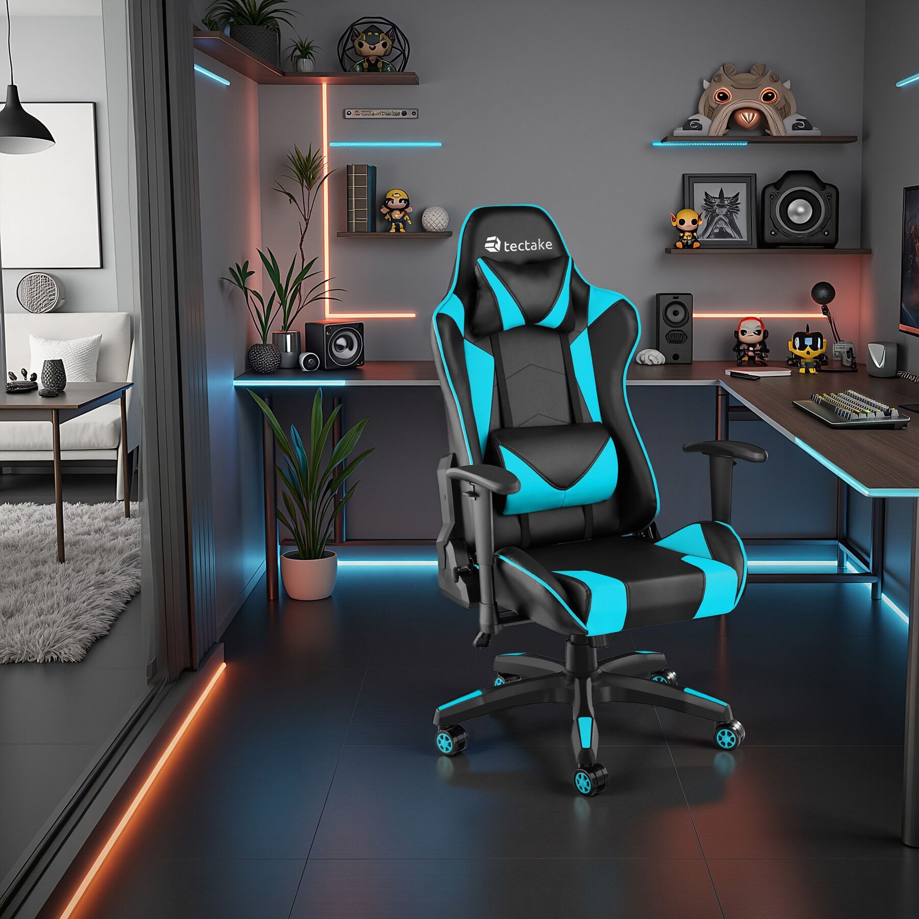 tectake Gaming-Stuhl Gaming-Sessel, Belastbarkeit 120 kg, mit verstellbarer Rückenlehne (Racing-Stuhl Twink, 1 St), Dicke Polsterung, Kunstlederbezug, abnehmbares Nacken- & Lendenkissen