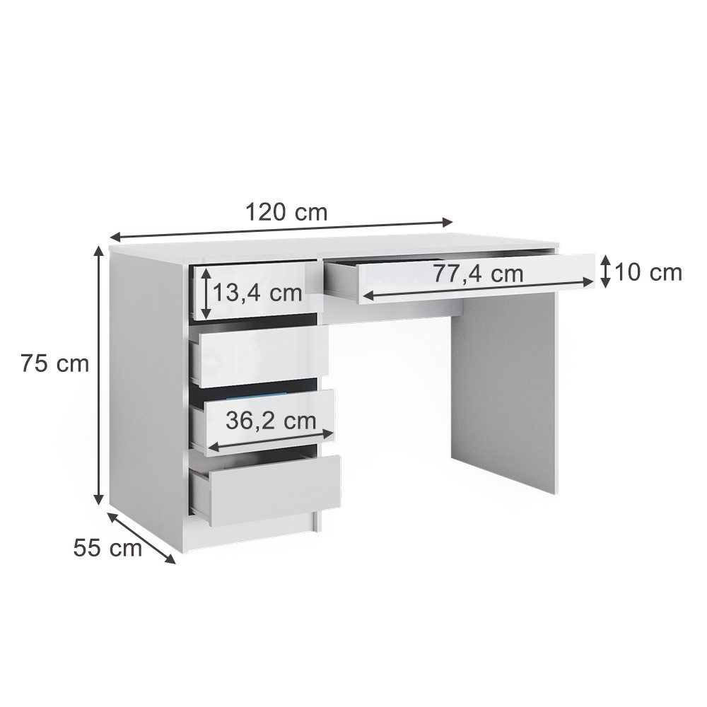 Vicco Schreibtisch Sherry, Weiß, 55 x 120 cm mit Schubladen (1-St)