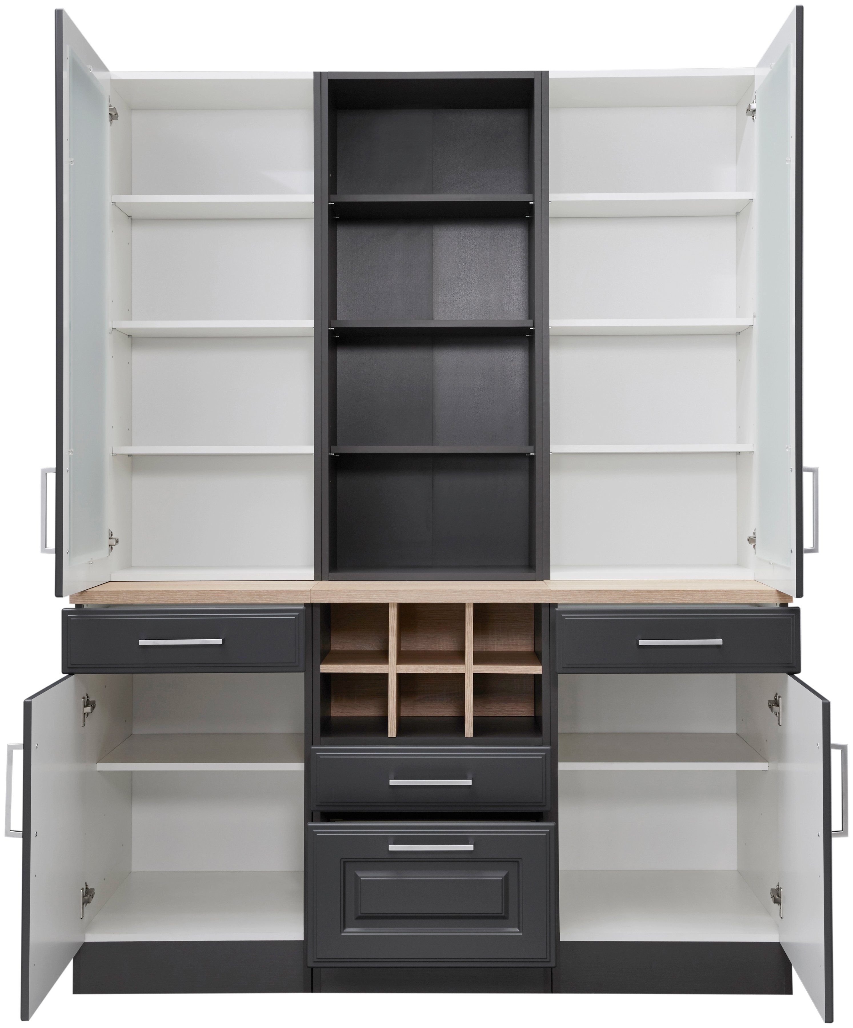 KOCHSTATION Küchenbuffet KS-Stockholm hochwertige MDF-Fronten, 2 Glasrahmentüren, 200 cm hoch, viel Stauraum
