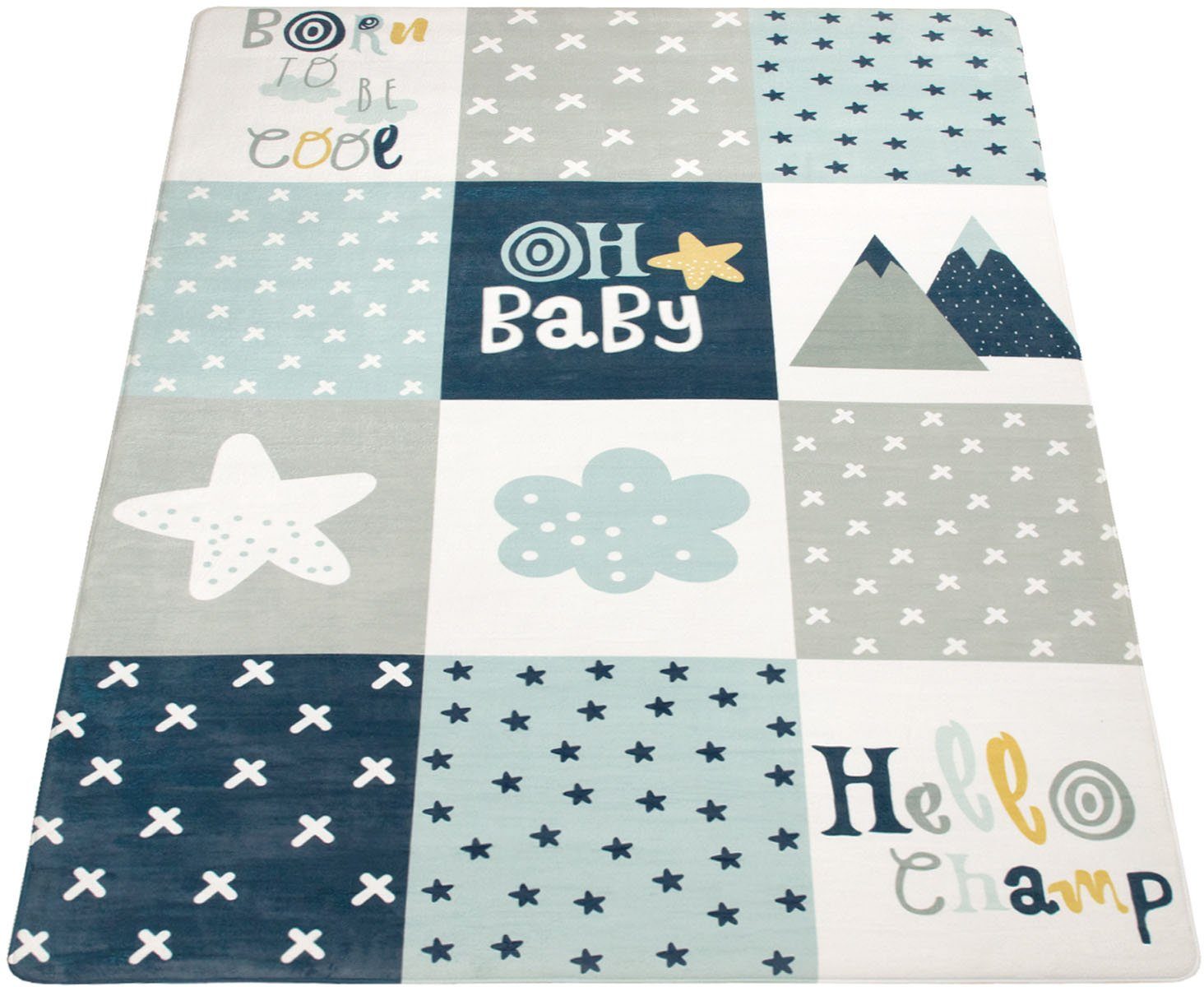 Paco Home Kinderteppich Chicos 554, rechteckig, Höhe: 2 mm, Flachgewebe, mit Schriftzug & Regenbogen oder Sternen, Pastell-Farben