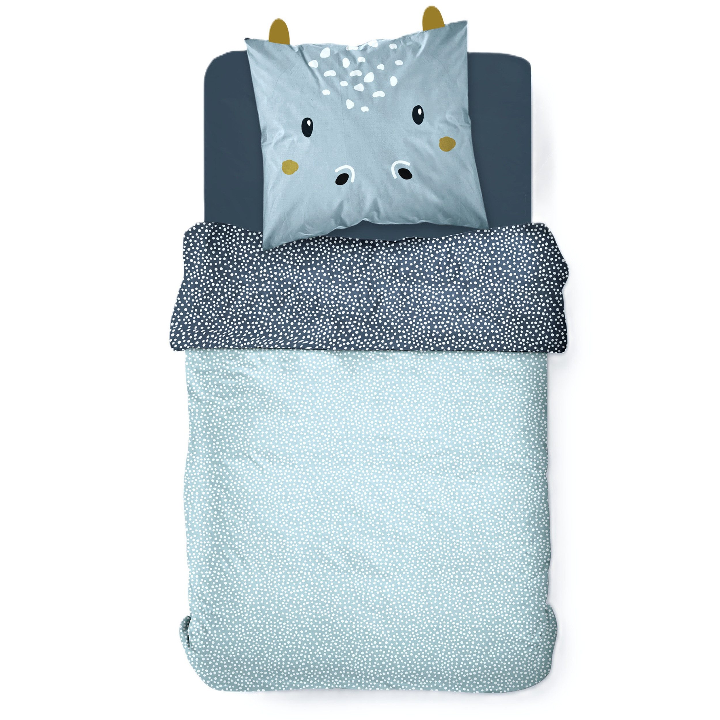 Familando Kinderbettwäsche "Happy Hippo" Nilpferd Blau 135x200 + 80x80 cm a günstig online kaufen