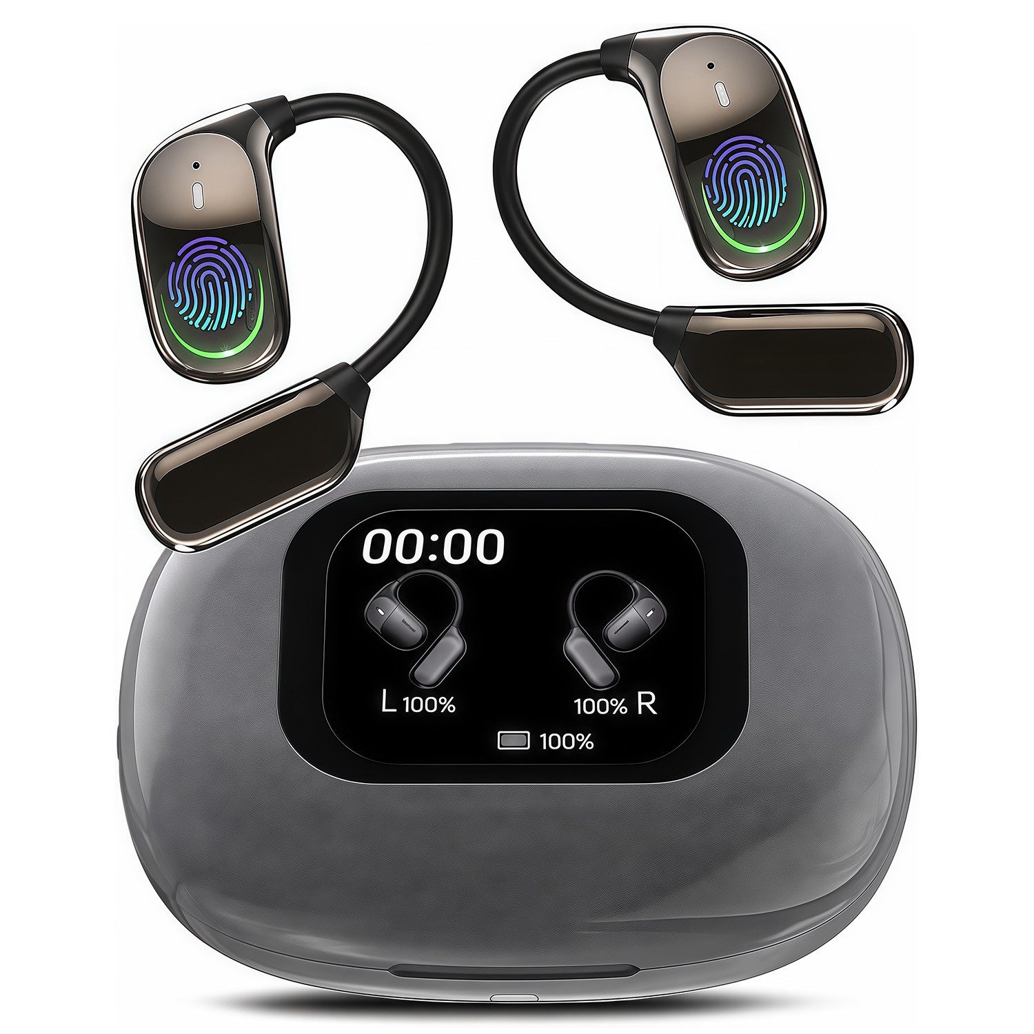 MOPUEA Bluetooth-Kopfhörer mit KI-Übersetzung, kabellos, offene Ohrhörer Bluetooth-Kopfhörer (Touchscreen Übersetzer lange Akkulaufzeit Bass-Sound für Sport Laufen)