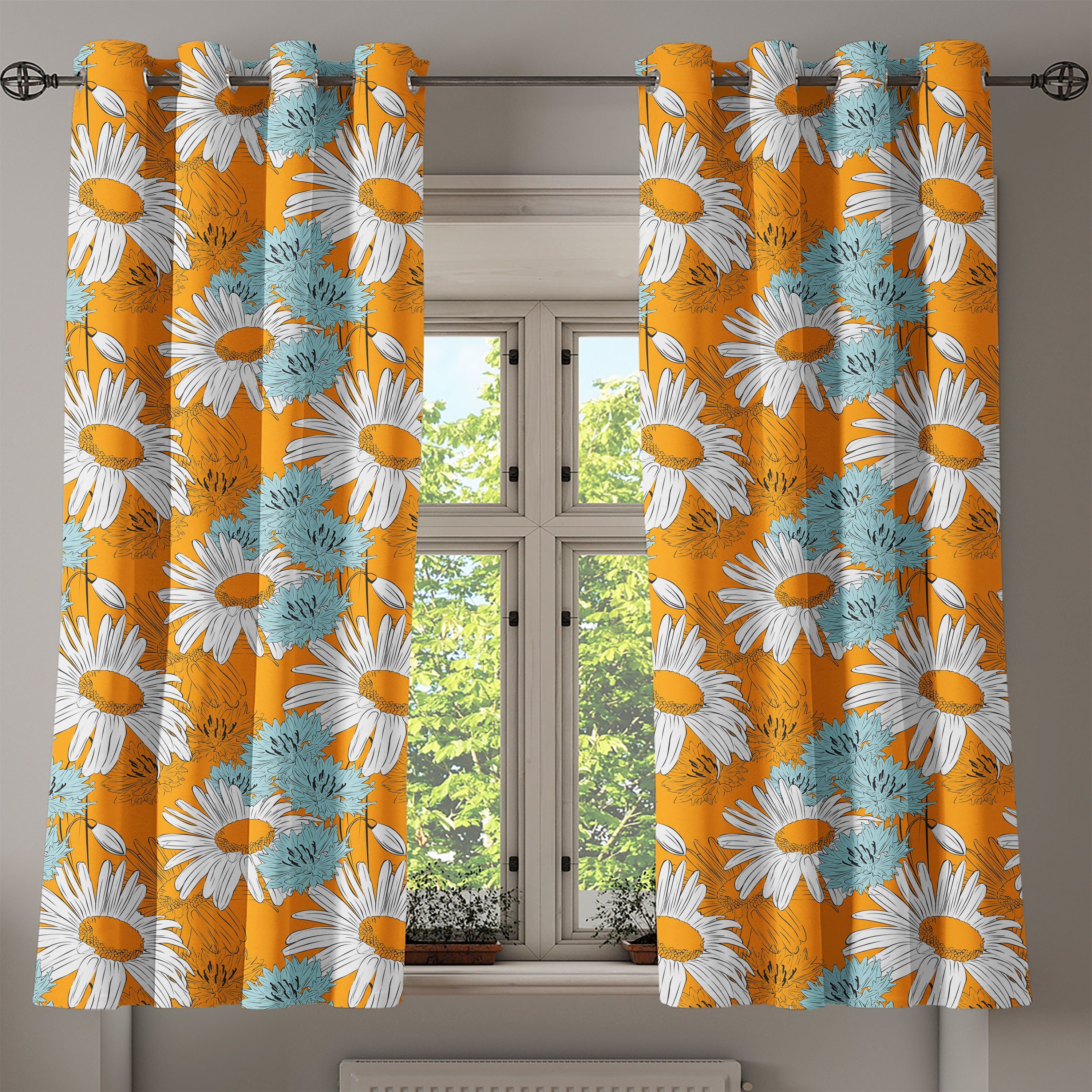 Gardine Frühlingssaison Orange Abakuhaus, 2-Panel-Fenstervorhänge Wohnzimmer, Dekorative für Gänseblümchen Schlafzimmer