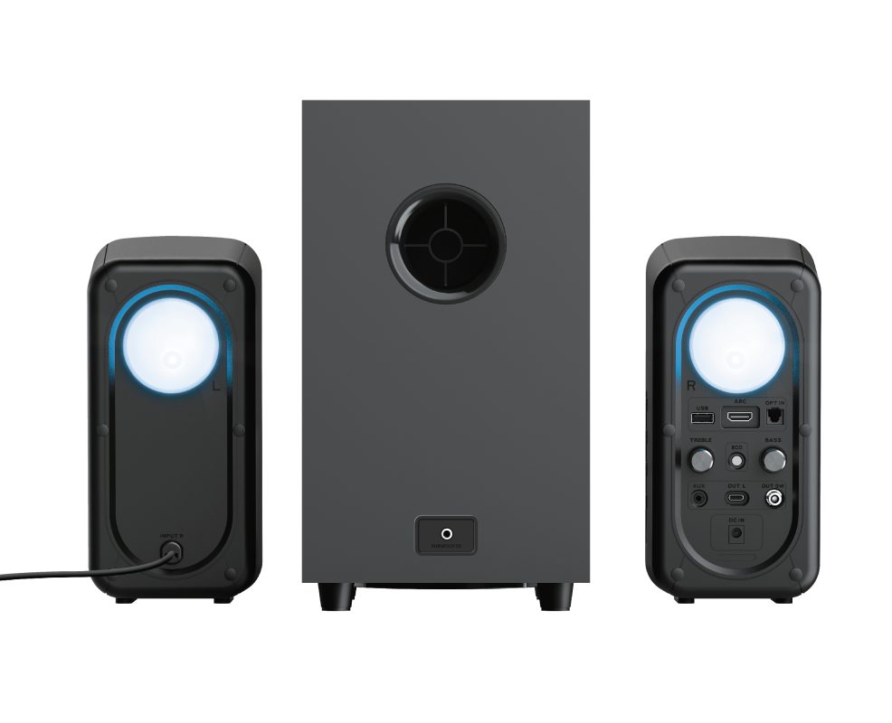 steuerbare PC-Lautsprecher individuell GXT HDMI, 2.1 Bluetooth, W, 2.1-Lautsprecherset, Verkabelt Trust RGB-Beleuchtung) Kabellos, & 40 635 Rumax (Bluetooth,