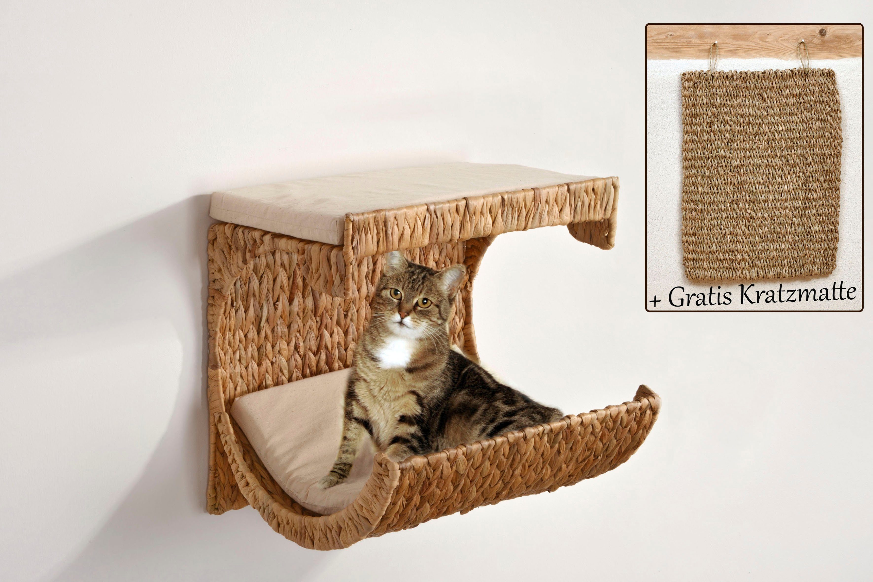 ABUKI Katzen-Wandregal Cäsar, LxBxH: 33x40x35 cm, Kissenbezug aus Baumwolle, gratis Kratzmatte