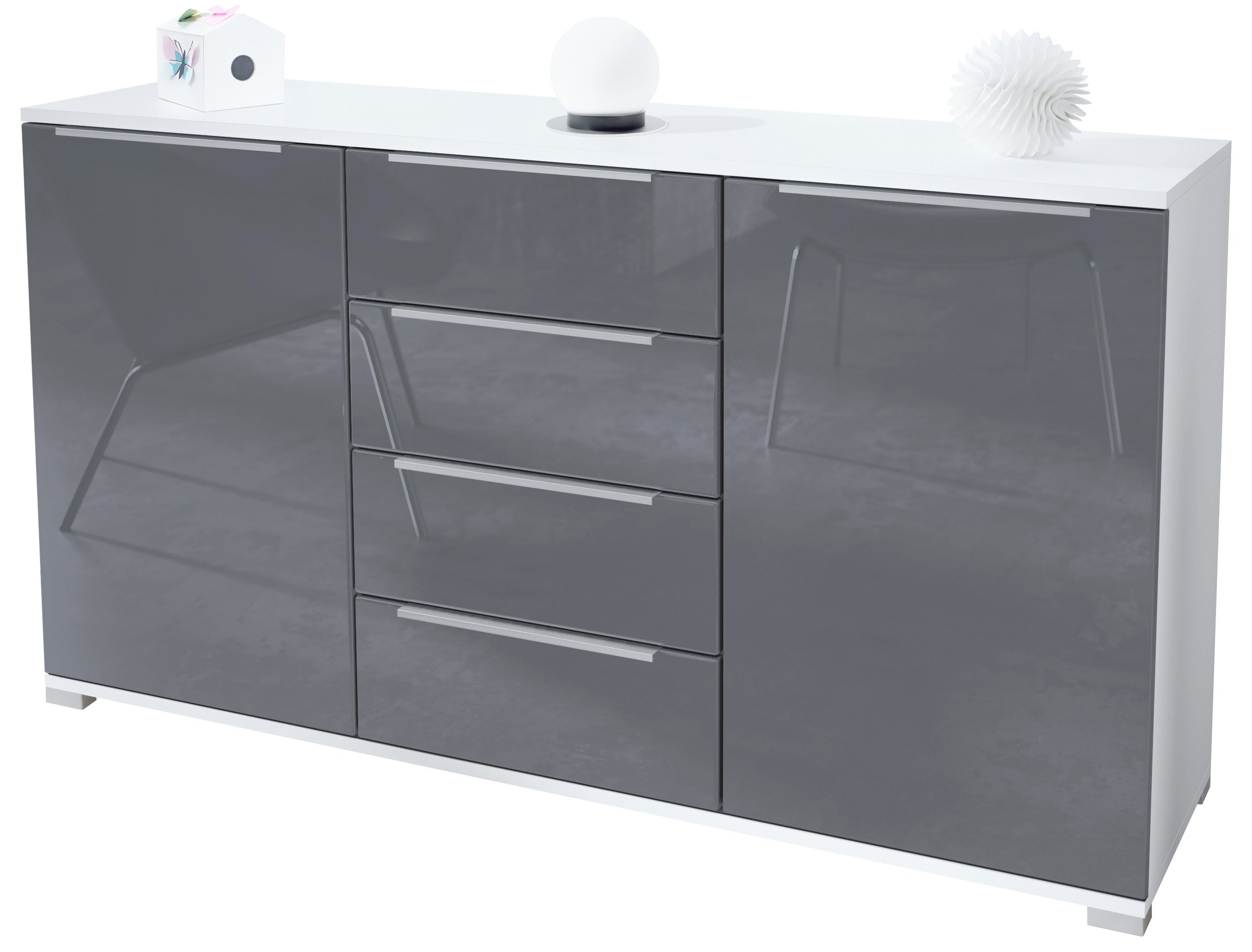 Vladon Sideboard Linio V1 (Anrichte, mit 2 Türen und 4 Schubladen), Weiß matt/Grau Hochglanz (138,5 x 75,5 x 35 cm)