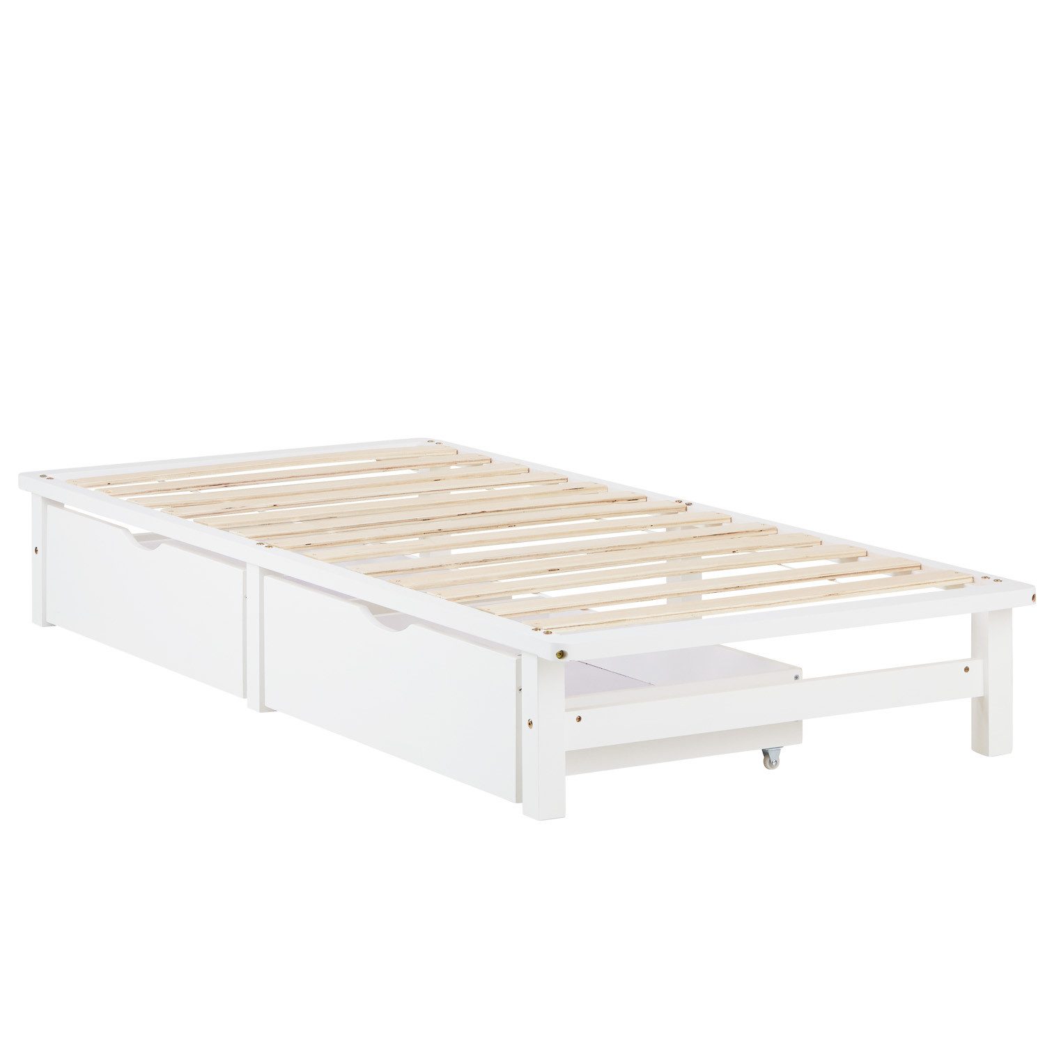 Homestyle4u Holzbett Einzebett 90x200 inkl. Lattenrost und 2xBettkasten Palettenbett Weiß