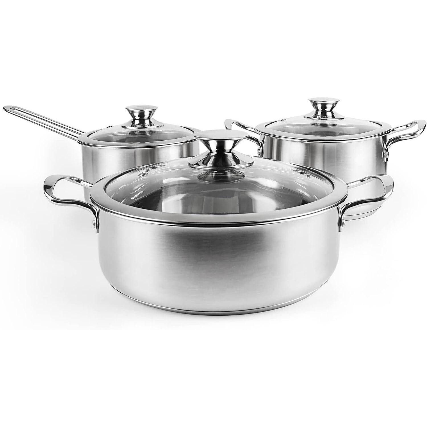 LuxusKollektion Topf-Set Edelstahl Kochtopfset 6teilig mit Glasdeckeln und kühlbleibendem Griff