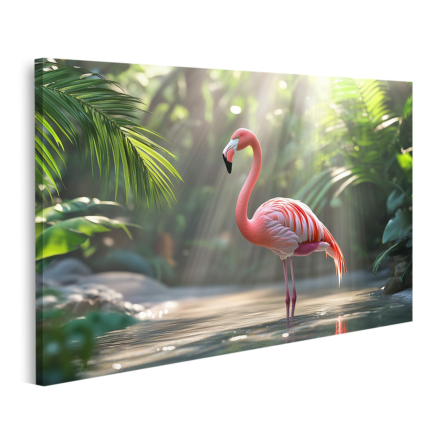 islandburner Leinwandbild, Flamingo im Dschungellicht
