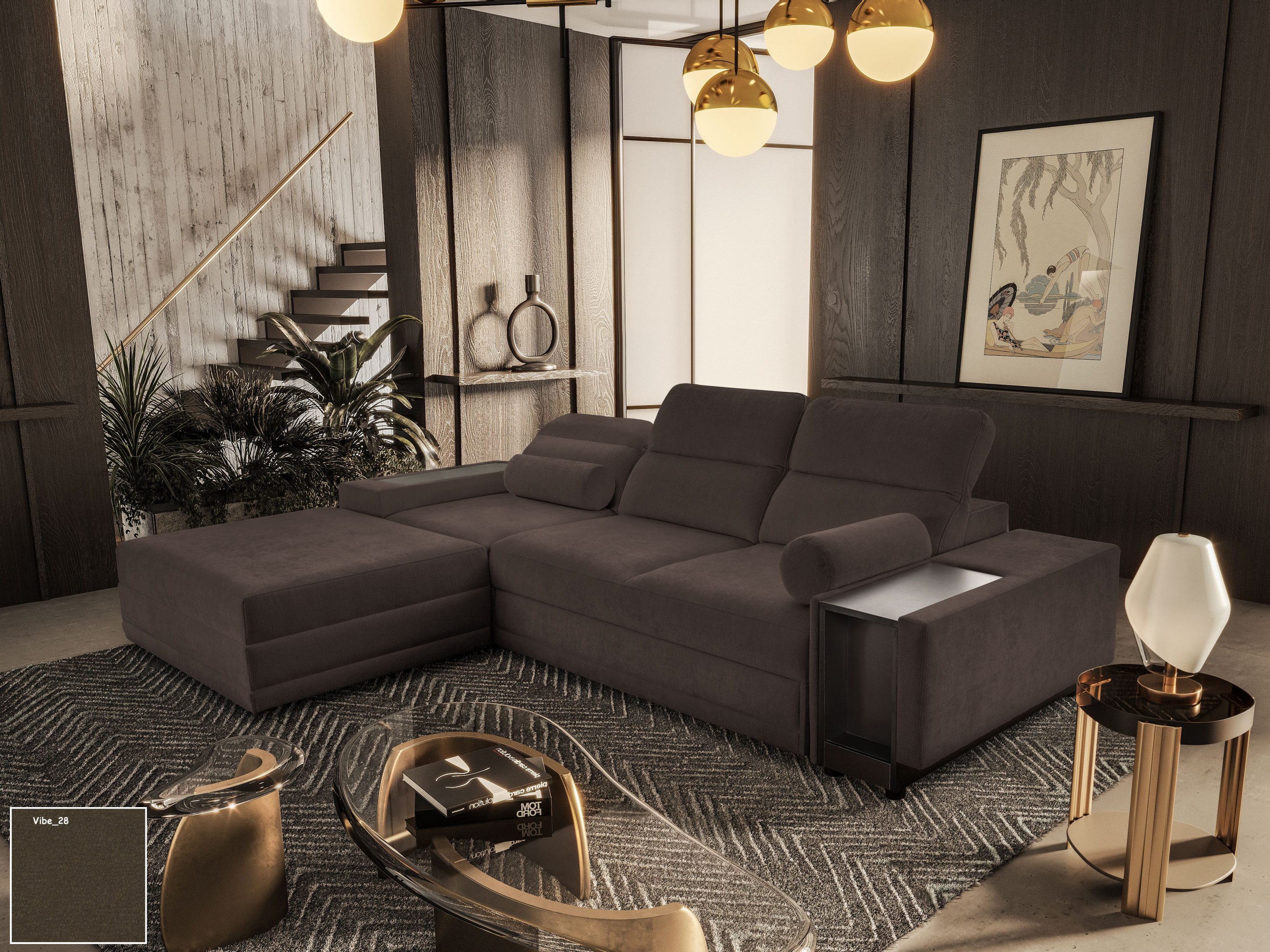 Möbel für Dich Ecksofa Enzo 1 als L-Sofa oder Sofa mit freistehendem Hocker aufstellbar, mit Schlaffunktion, Bettkasten, Minibar und verstellbaren Kopfstützen