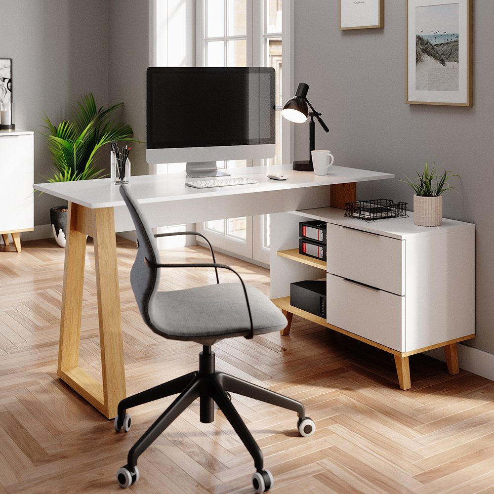 Vicco Schreibtisch Nautica, Weiß/Eiche, 138 x 60 cm mit Schubladen XL (1-St)