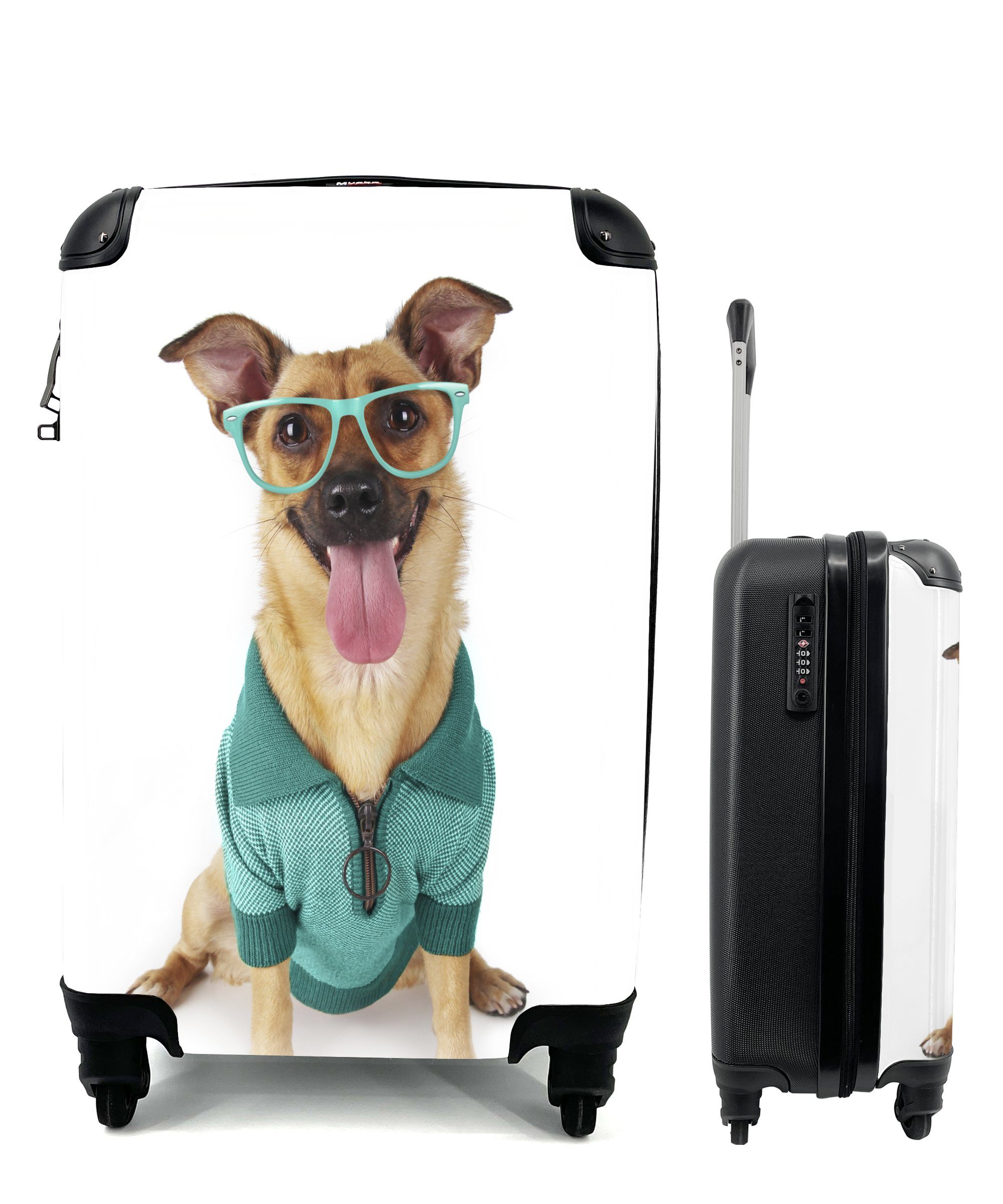 MuchoWow Handgepäckkoffer Hund - Brille - Hemd - Hipster, 4 Rollen, Reisetasche mit rollen, Handgepäck für Ferien, Trolley, Reisekoffer