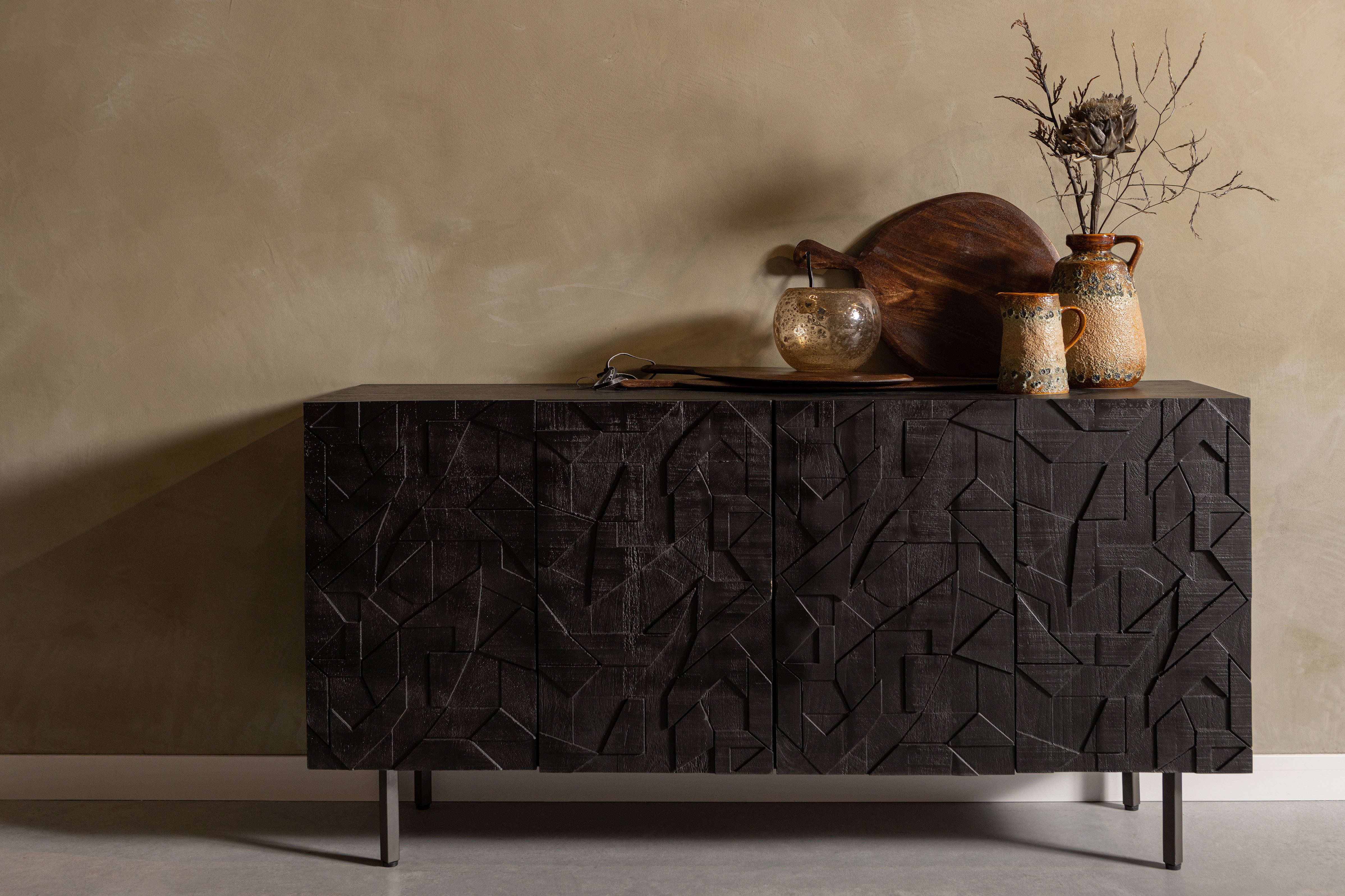 WOOOD Sideboard Counter mit Massivmangoholz und gefrästen Türen B 160 x T 40 x H 83 cm, Tragkraft 10 kg pro Einlegeboden, Dämpfung Funktion
