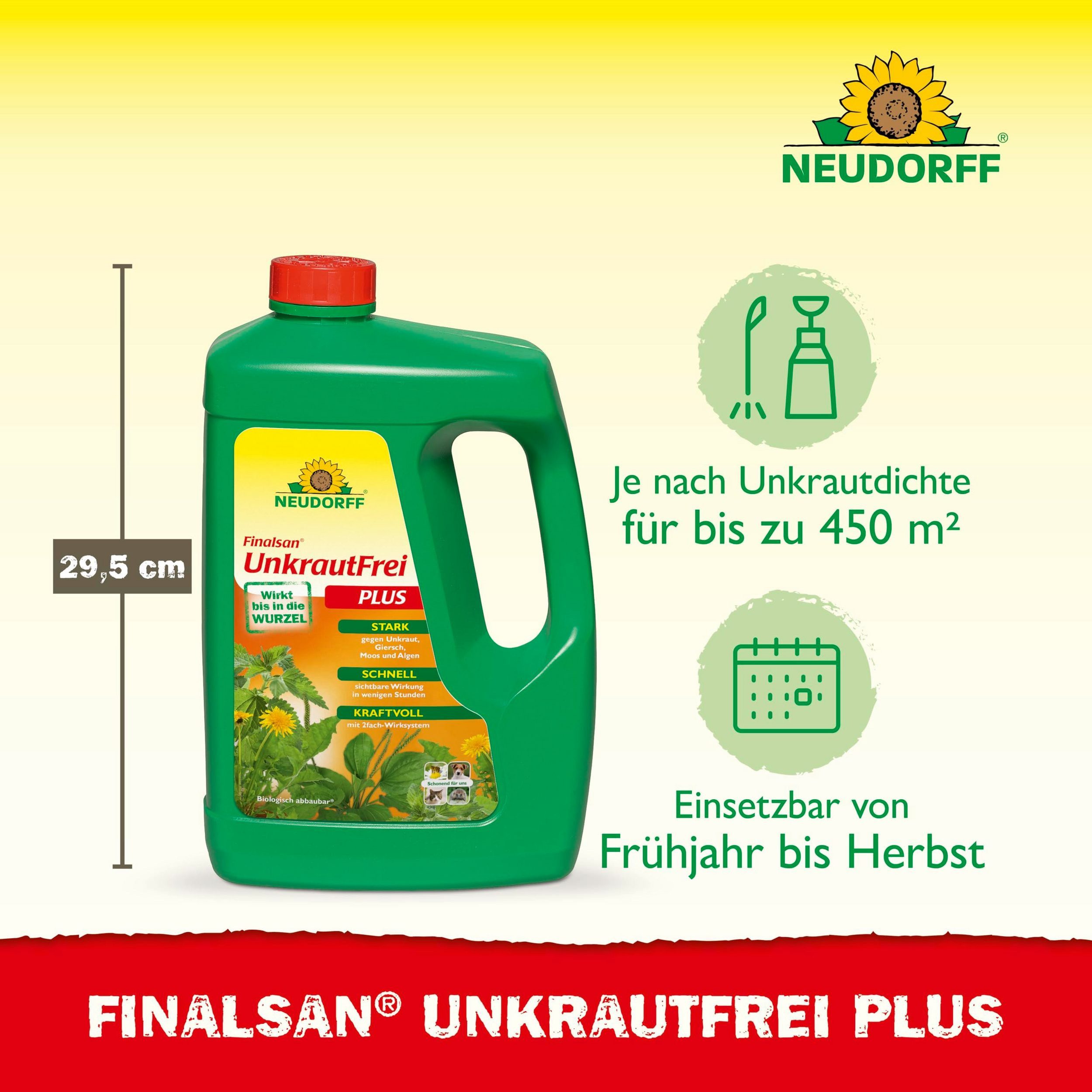 Neudorff Unkrautbekämpfungsmittel Finalsan UnkrautFrei Plus, 2500 ml, 1 St., schonend für Haustiere, Unkraut entferner ohne Glyphosat, Glyphosatfreies Unkrautvernichter-Konzentrat mit 2-fach-Wirksystem