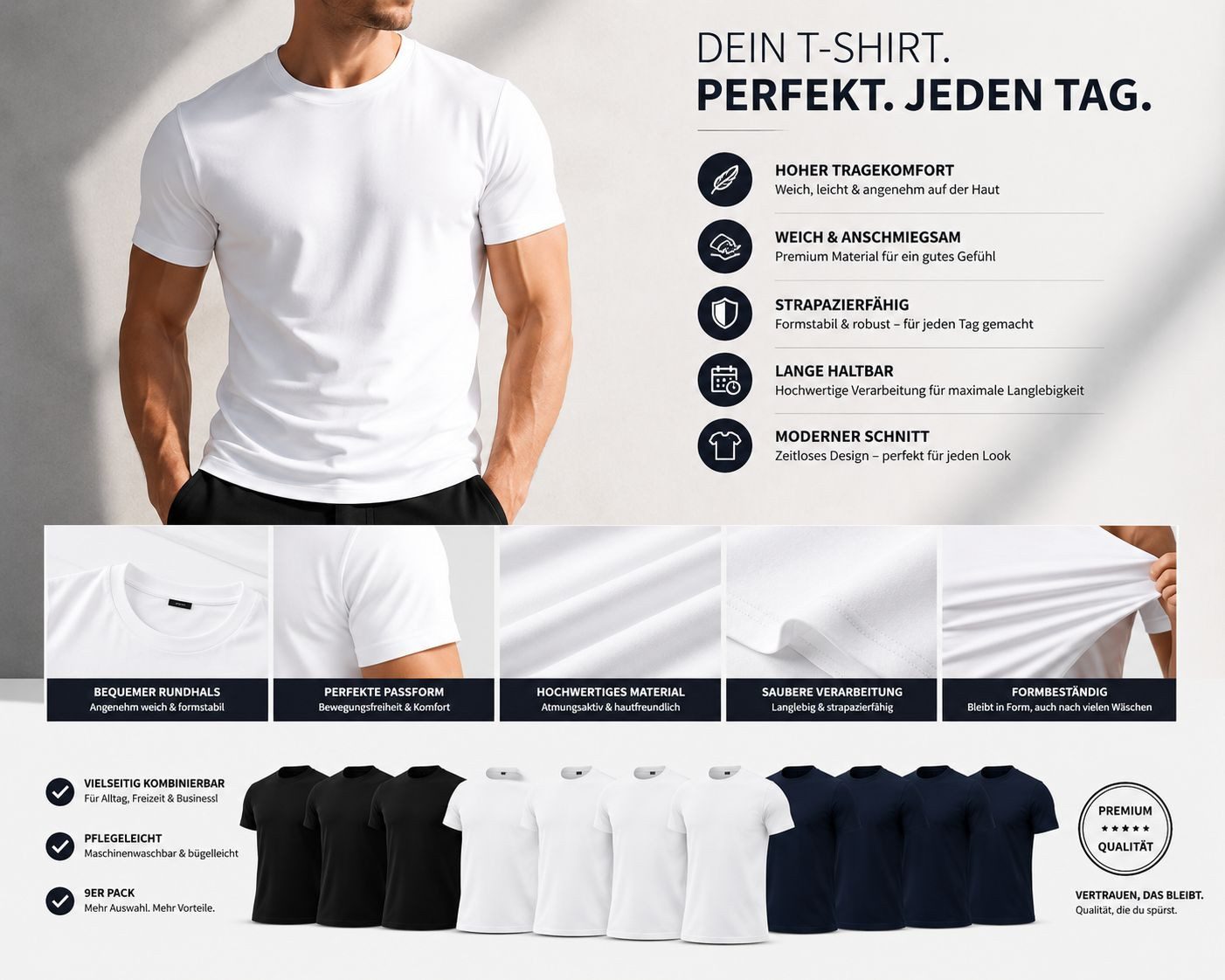 SOLS T-Shirt 9x Herren T-Shirt Uni Set 9er Pack Schwarz Weiß Navy S - 5XL 9 ER Pack Männer T-Shirts Frühling + Sommer