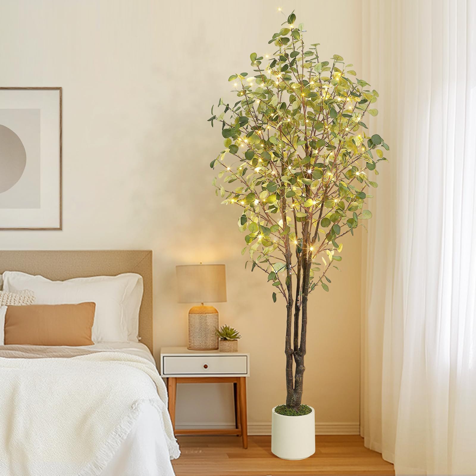Kunstbaum mit LED Lichtern & Fernbedienung, 8 Lichtmodi Eukalyptusbaum, GarveeMore, Höhe 150 cm, im Topf, für Innen und Außen