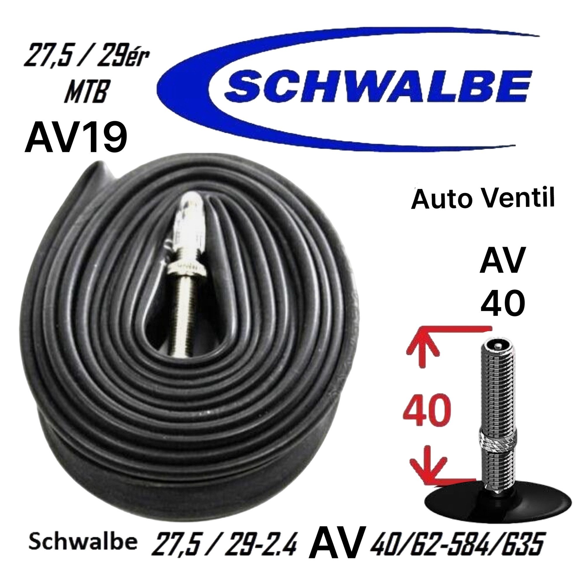 Schwalbe Fahrradschlauch Schwalbe MTB Fahrrad-Schlauch AV19 27,5 / 29-2.4 Auto Ventil AV40mm