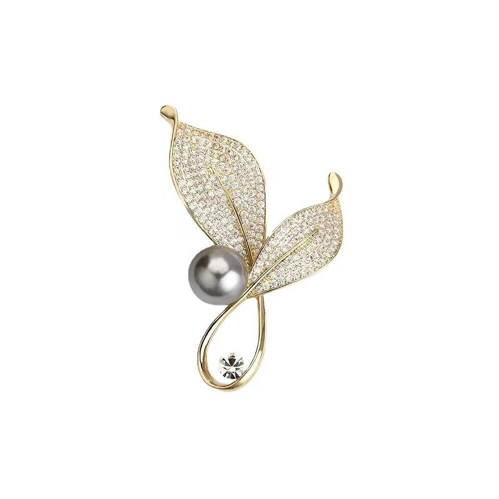 Brosche "goldene Blätter", mit Strass und einer Zierperle