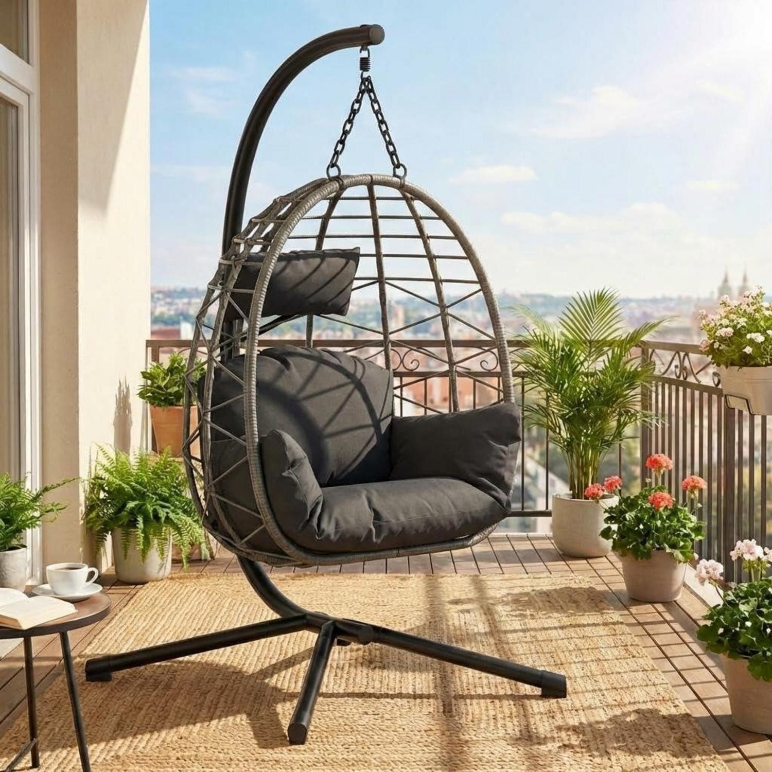 LuxusKollektion Hängesessel Hängesessel Rattan Metallgestell klappbar wetterfest 150kg Grau