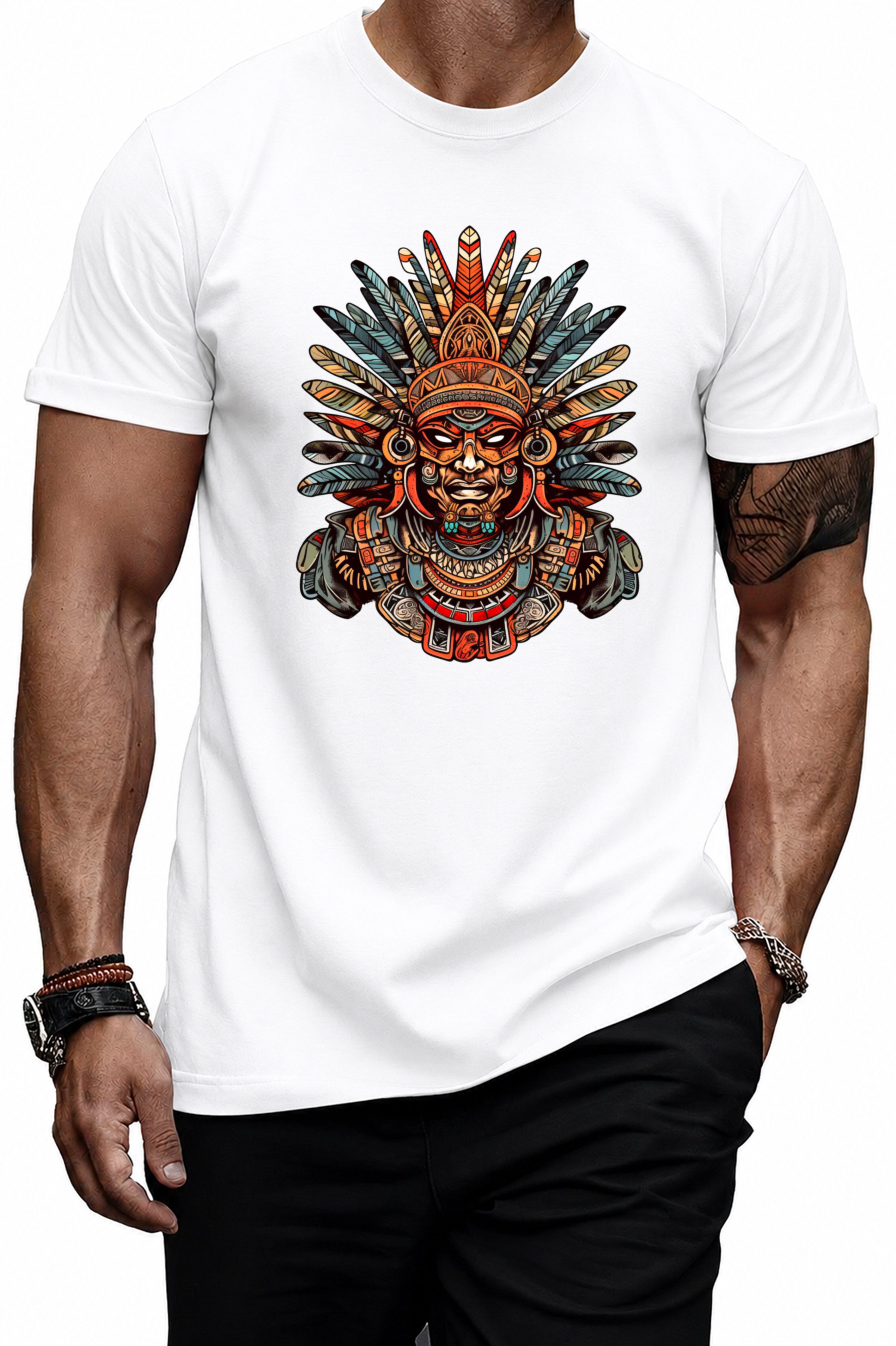Banco Print-Shirt Herren Azteken Aztec Warrior Sommershirt Rundhals Streetwear 100% Baumwolle