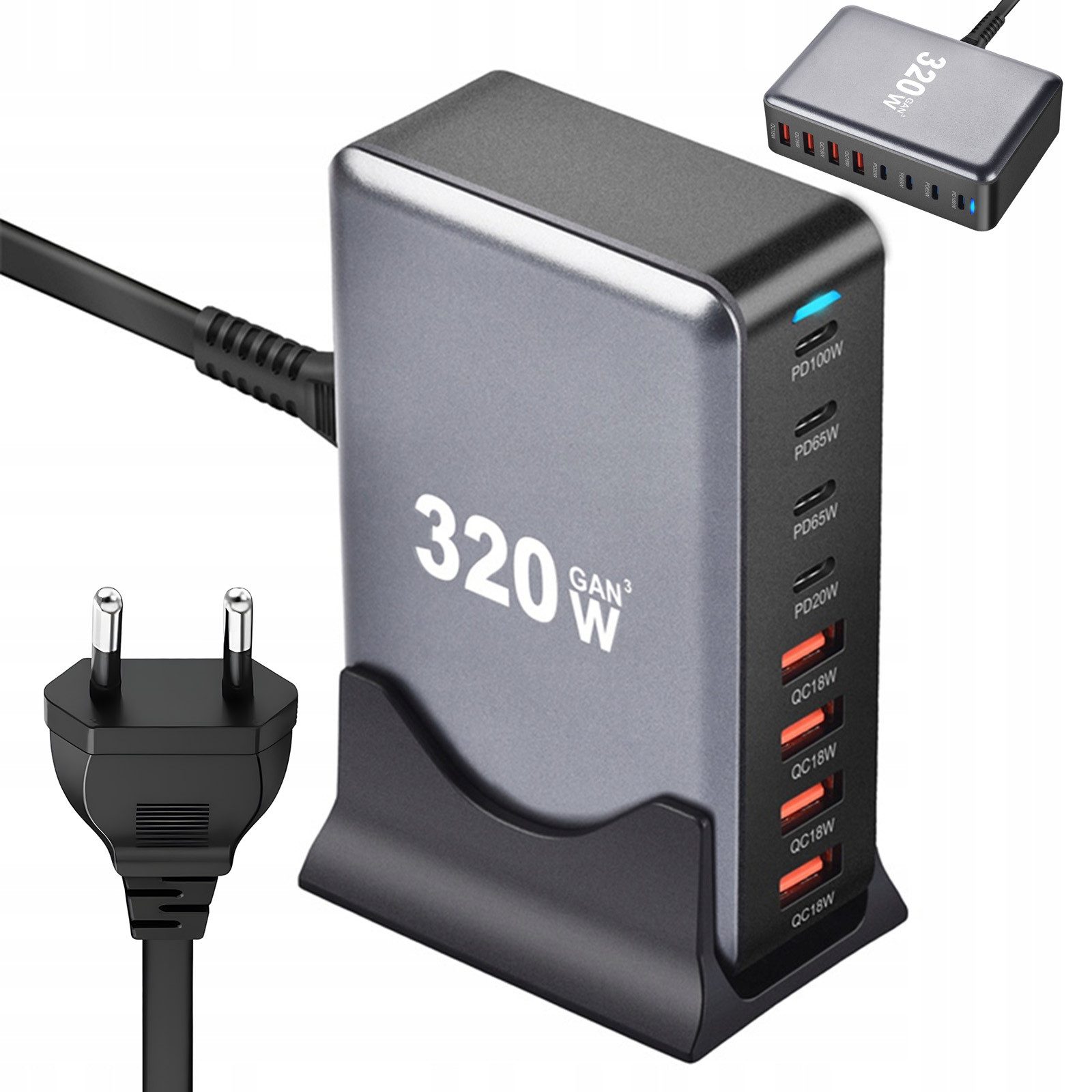 AKKEE 320W GaN 8 Ports USB Schnellladegerät Ladestation mit 5 USB-C USB-Ladegerät (Charger PD PPS 100W 65W USB C Netzteil für MacBook Pro/Air,iPad)