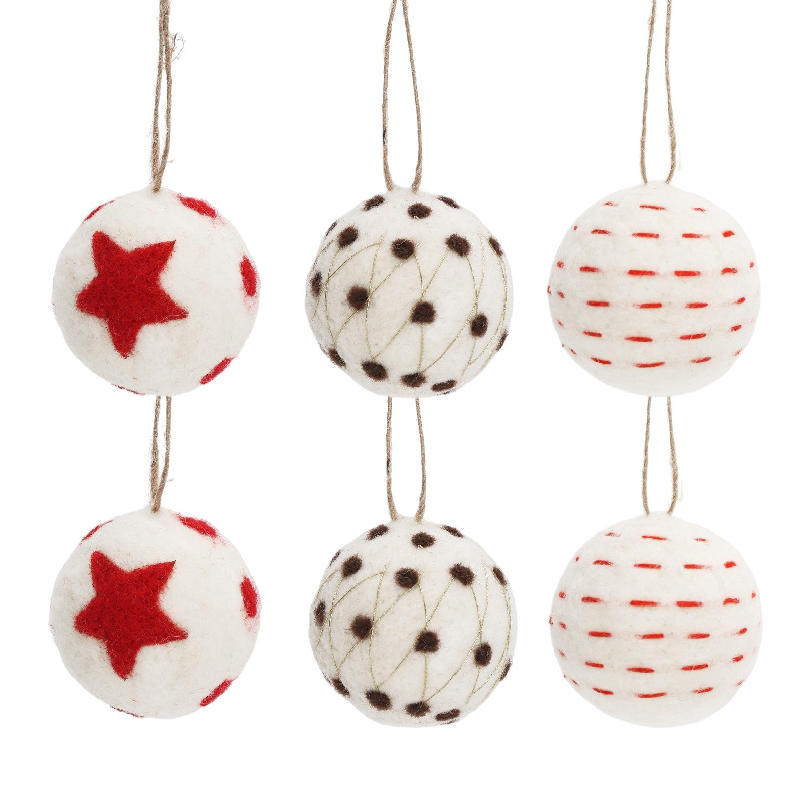 Salcar Weihnachtsbaumkugel 6x Weihnachtsdeko 6 cm Новогодние шары Set, Weihnachtsbaumschmuck (6 St), Handgefertigte Wollfilz-Weihnachtskugeln Set mit Juteseil in 3 Designs