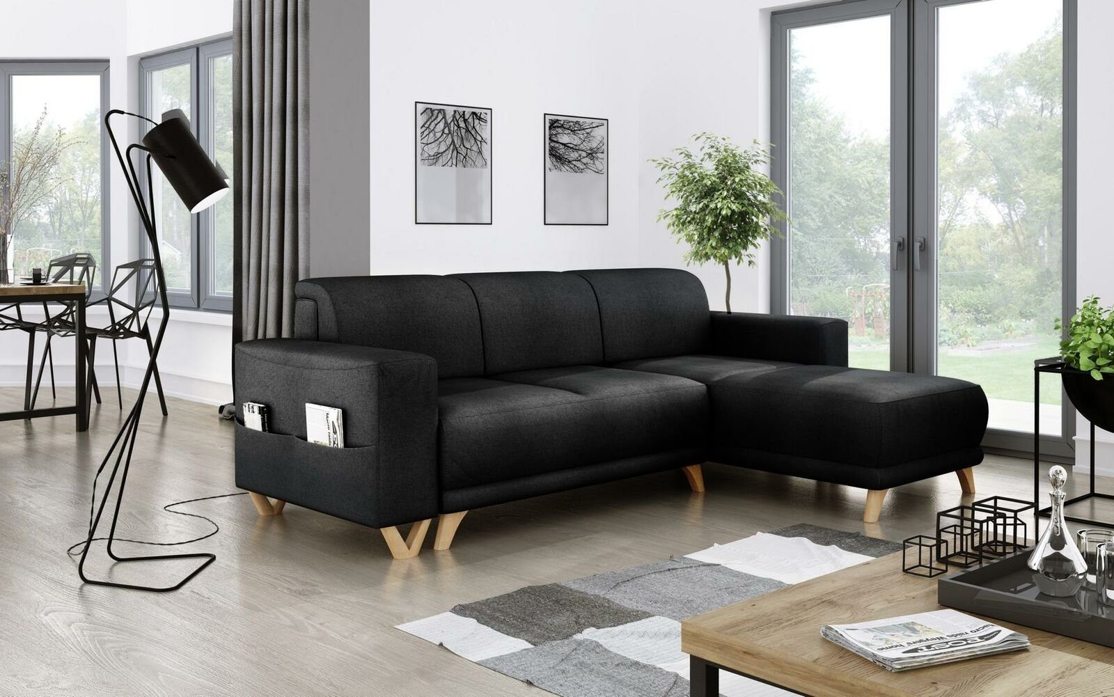 JVmoebel Sofa Design Ecksofa L-Form Sofa Couch Polster Schlafsofa Textil Bettfunkt, Mit Bettfunktion Schwarz