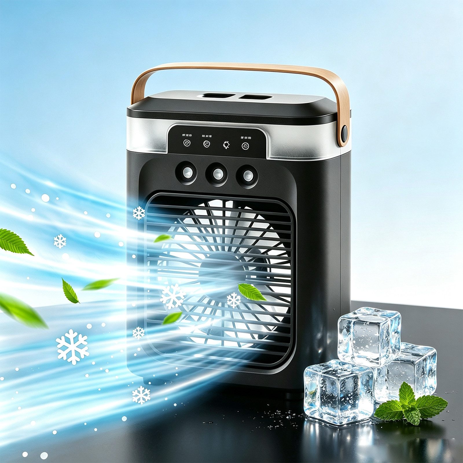 MOPUEA Ventilatorkombigerät 2-in-1 Luftkühler mit Sprühnebel 600ml 3Stufen LED-Licht Timer, Sprühnebel, 7 Farben, 3 Windstufen, Timer und integrierter Tragegriff.
