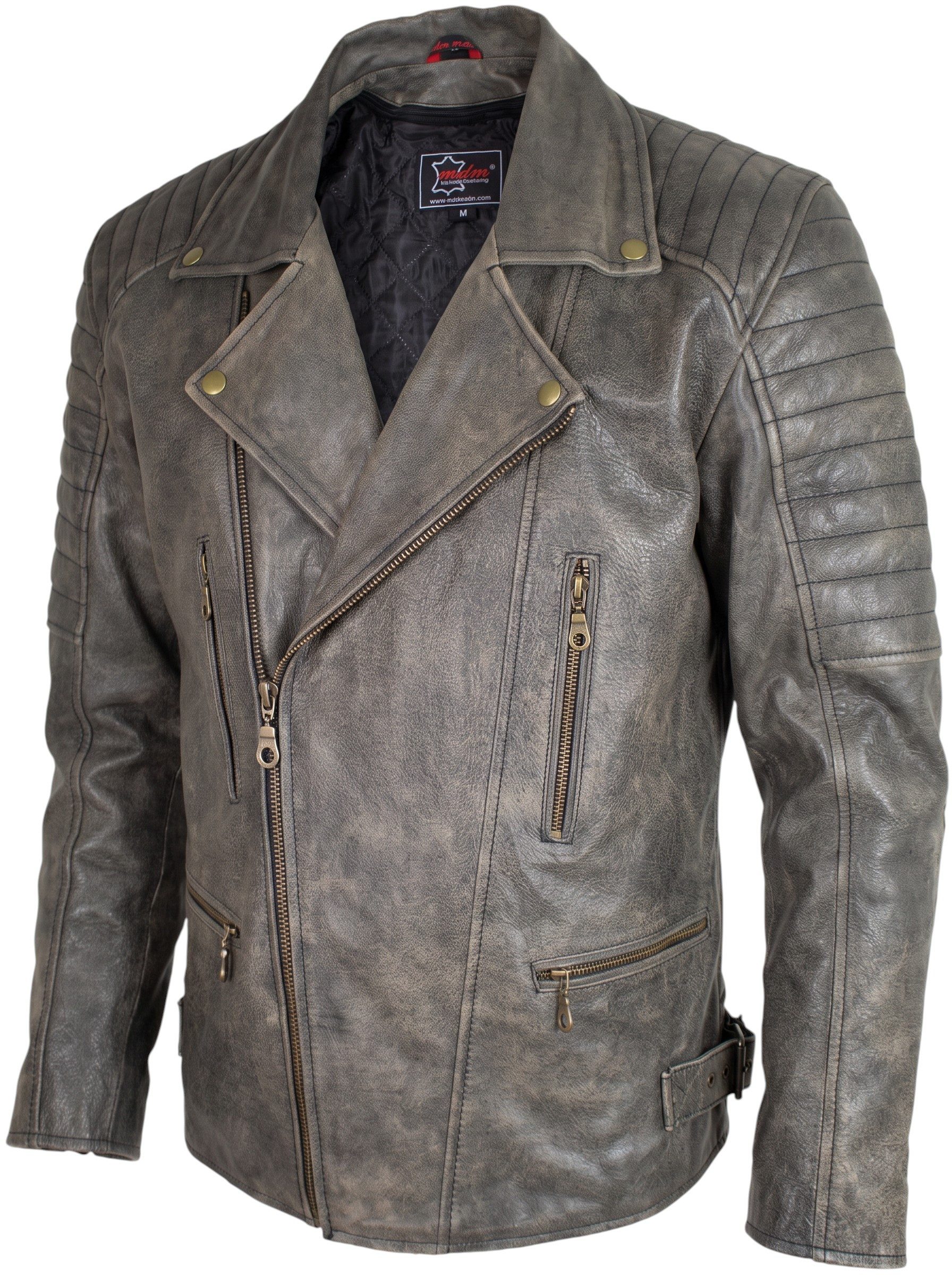 MDM Motorradjacke Retro Motorradjacke Biker Lederjacke im Vintage Stil Mit Protektoren an Schulter, Ellenbogen und Rücken