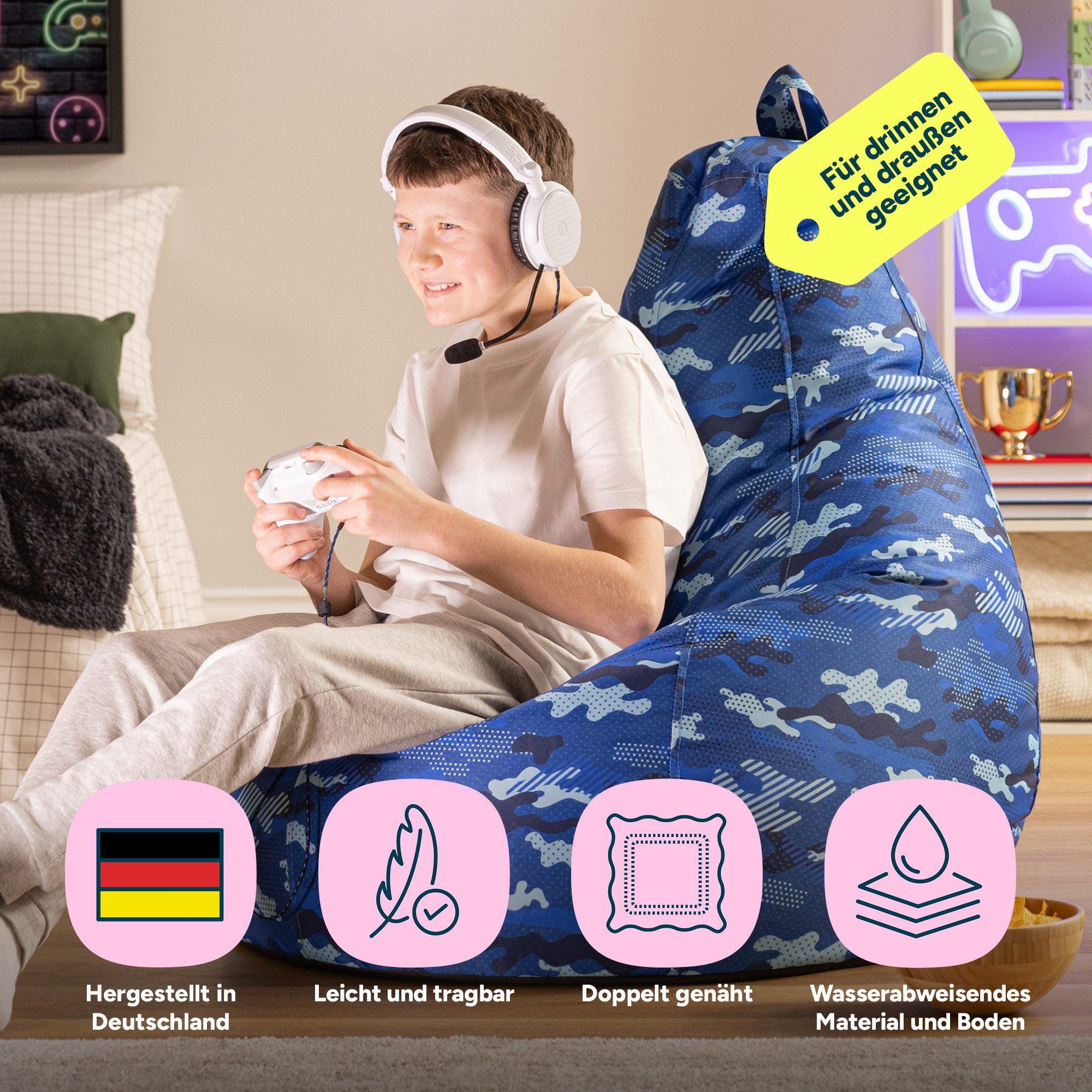 icon Sitzsack Sessel mit Rückenlehne Camouflage, Sitzsack XXL, Gaming Sitzsack, Made in Germany, Erwachsene & Kinder
