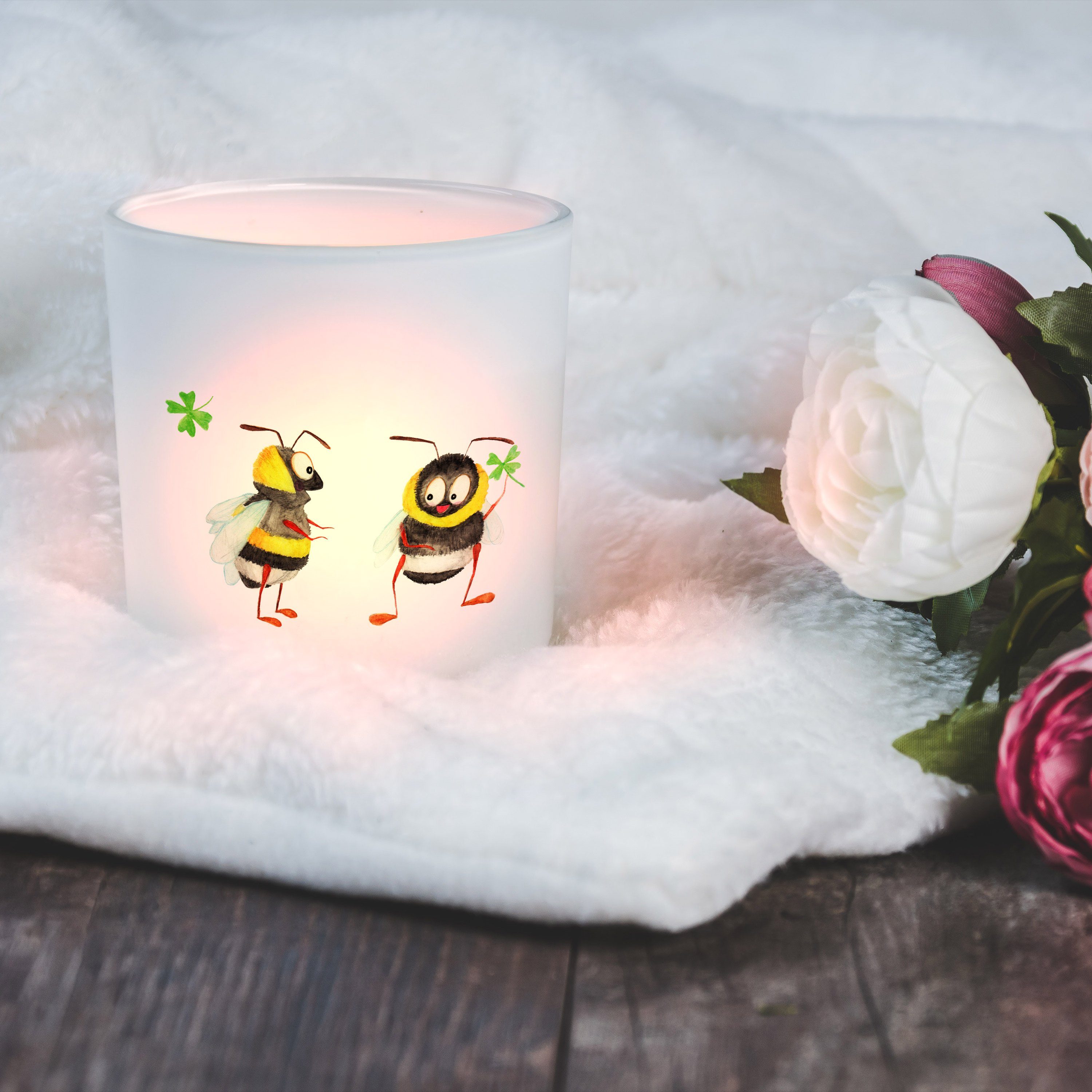 Mr. & Mrs. Panda Windlicht Hummeln mit Kleeblatt - Transparent - Geschenk, Kerzenlicht, Tiermoti (1 St)
