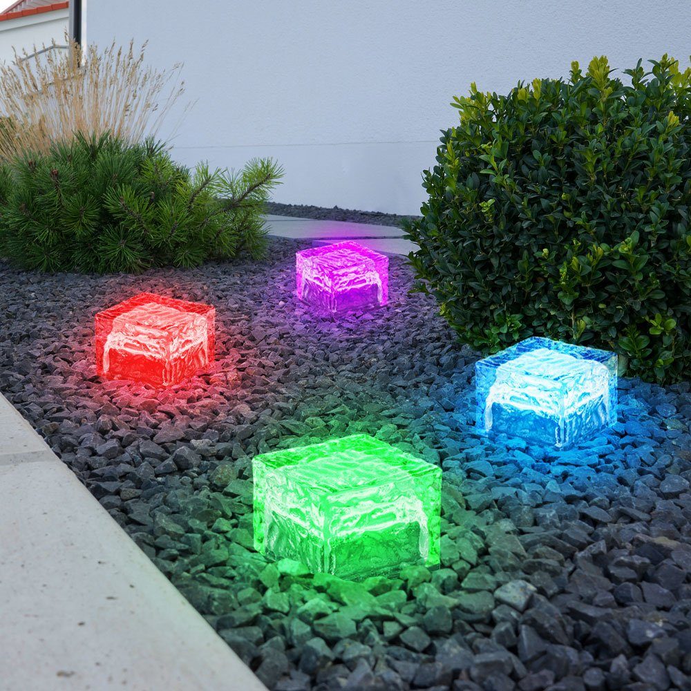 etc-shop Gartenleuchte, LED-Leuchtmittel fest verbaut, Farbwechsel, 4er Set RGB LED Solar Leuchten Steh Лампи Außen Bereich Glas
