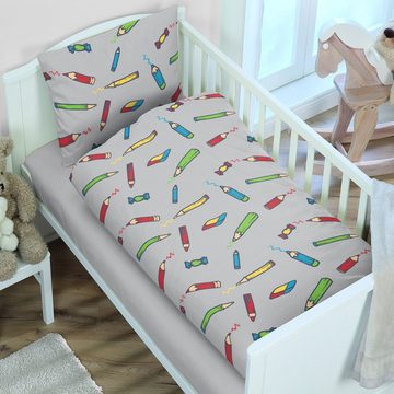 Bettwäsche Kinder Baby Bettgarnitur 100x135 aus reiner 100% Baumwolle, Casa Colori, Baumwolle, 2 teilig, Grau mit bunten Stiften