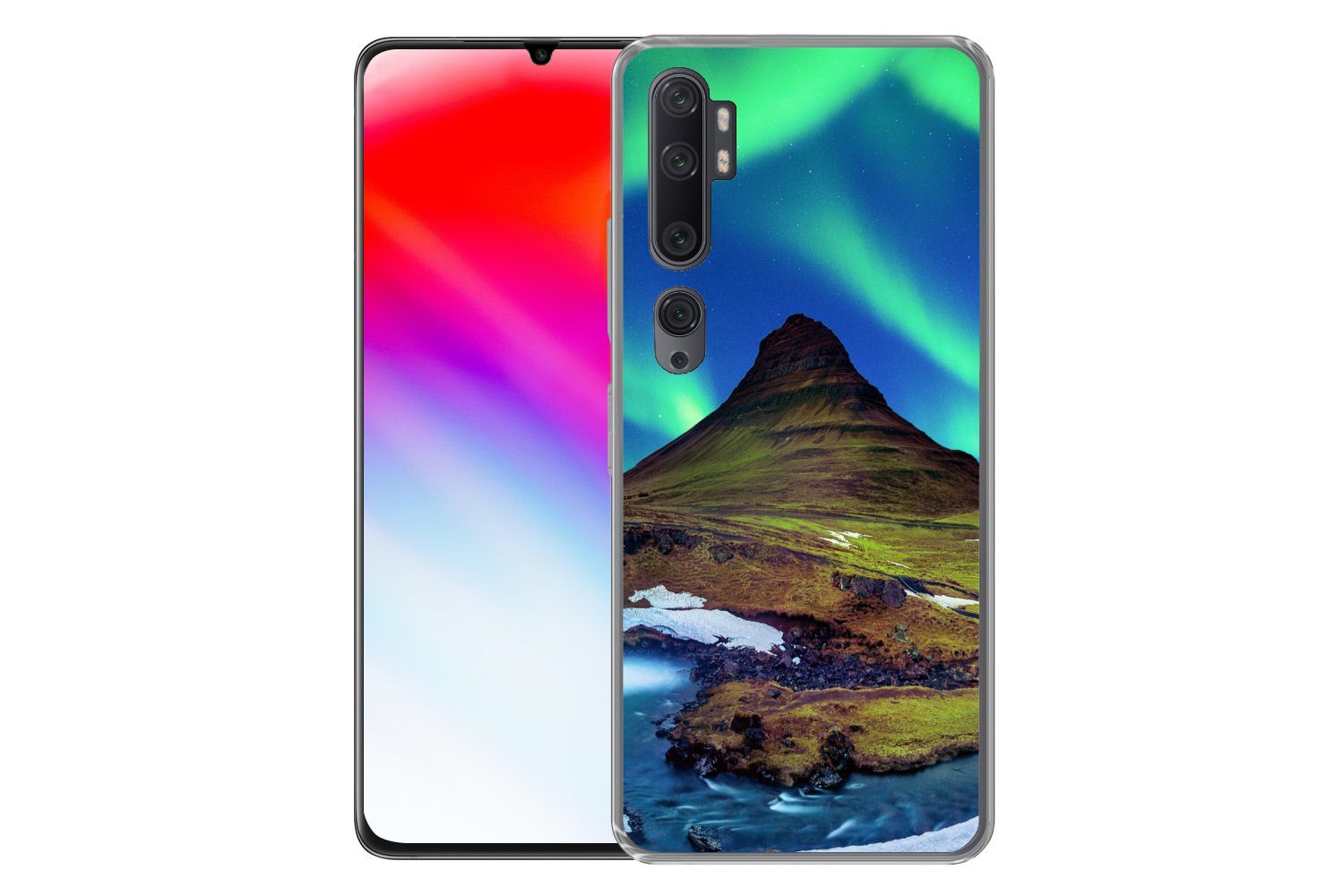 MuchoWow Handyhülle für Xiaomi Mi Note 10 Pro Nordlicht - Sternenhimmel - Island - Berg -