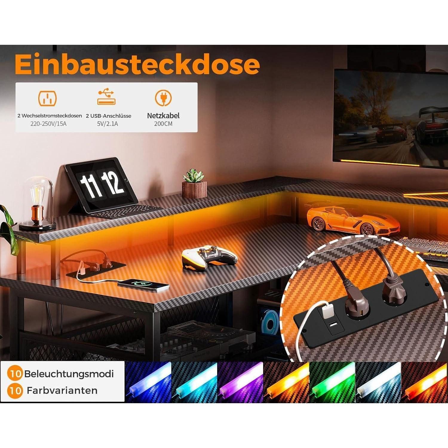 LuxusKollektion Gamingtisch Gaming Eckschreibtisch LED USB Steckdosen Kohlefaser Schwarz 150×102cm