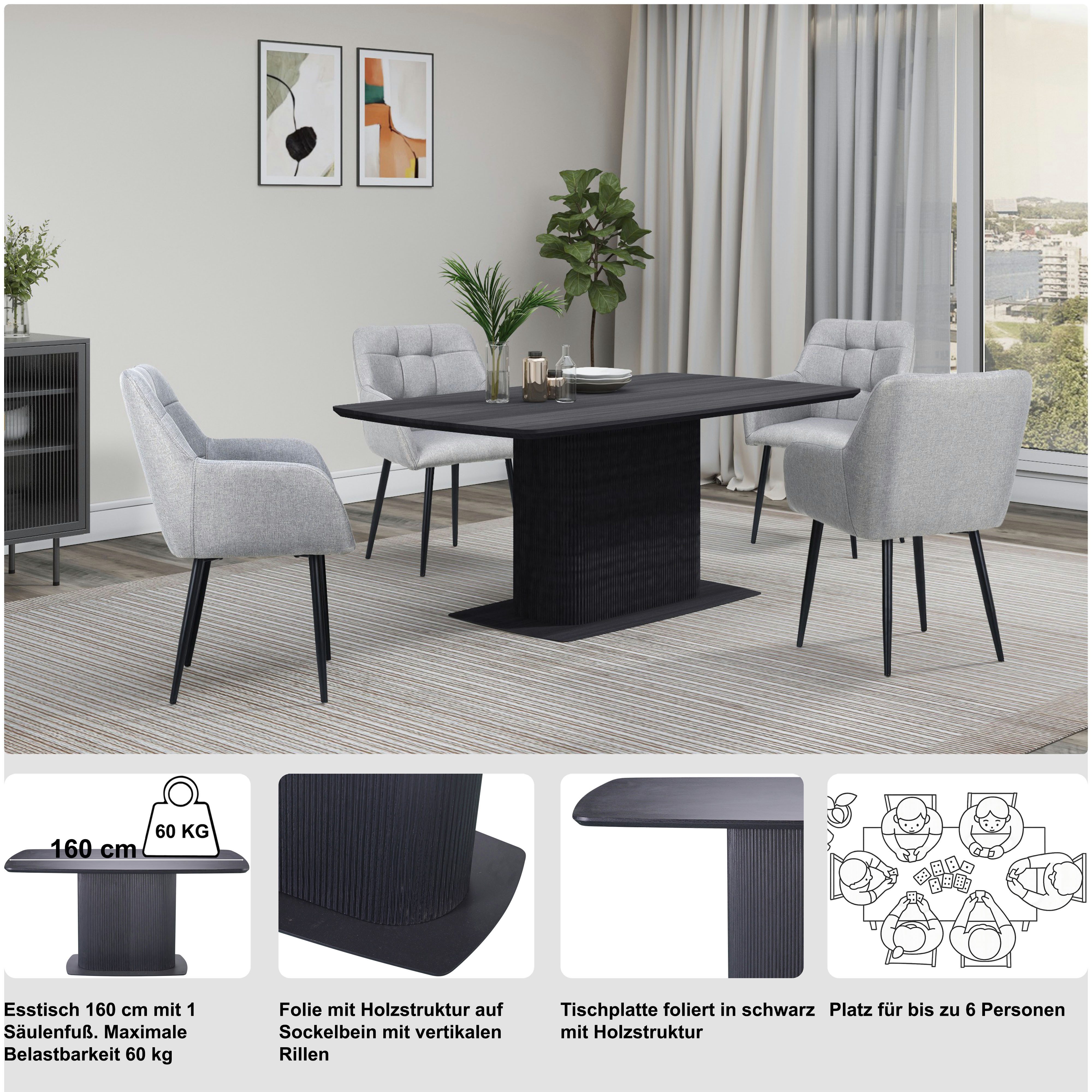 OTTO home Esstisch Daleton, Tischplatte und Standfuß mit Holzstruktur, pflegeleicht, Höhe 76 cm