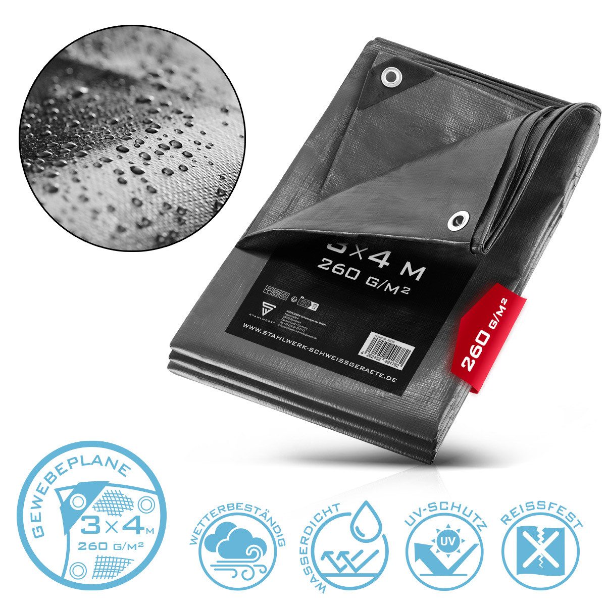 STAHLWERK Schutzplane Abdeckplane mit Ösen 3 x 4 m 260 g/m² (Set, 1-St., Einzelartikel), Äußerst stabil und reißfest