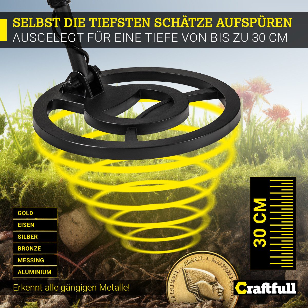 Craftfull Metalldetektor inkl. Transporttasche, Metalldetektor, Kopfhörer & Schaufel, 5 vielseitige Modi
