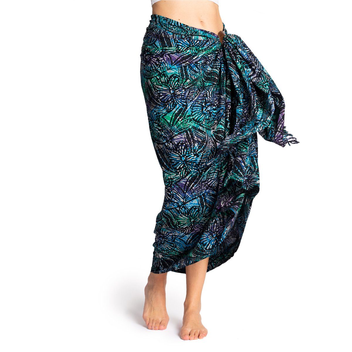 Plus Size Abstract Leaf Sarong in Turquoise and Purple - Fringeless Sarong
