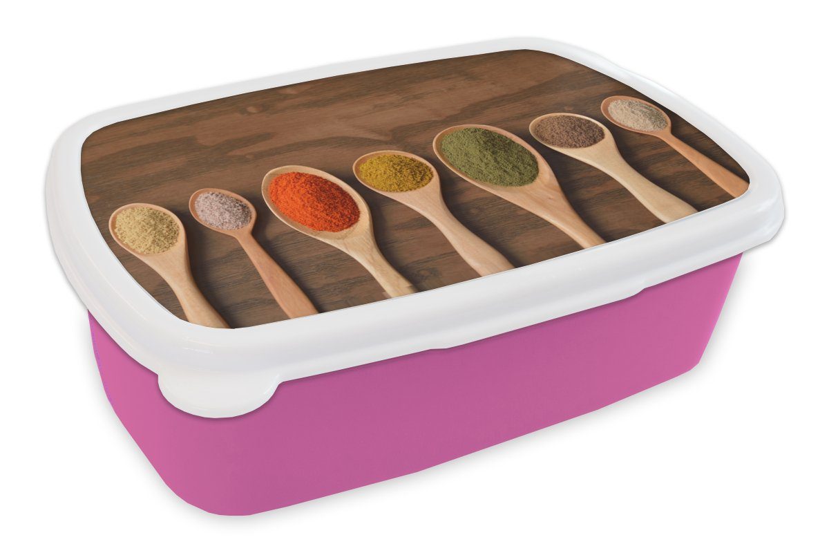 MuchoWow Lunchbox Farbige Gewürze auf Löffeln, Kunststoff, (2-tlg), Brotbox für Erwachsene, Brotdose Kinder, Snackbox, Mädchen, Kunststoff rosa
