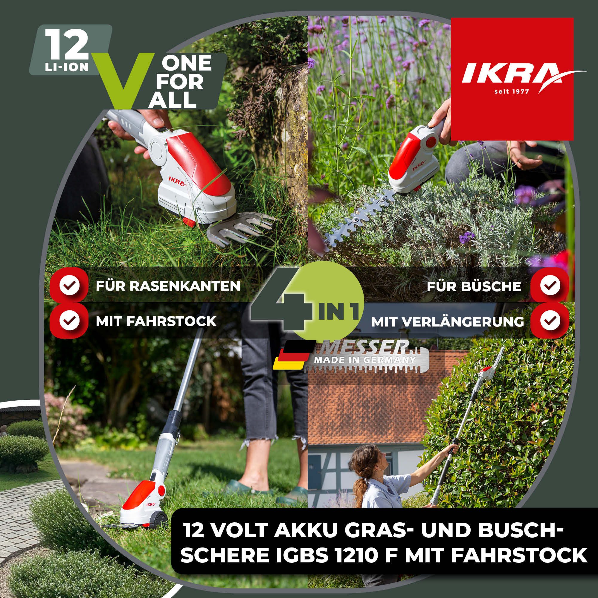 ikra GmbH Akku-Gras- und Strauchscherenset IGBS 1210, (mit Akku, Ladegerät & Fahrstock), 12 V - Klicksystem, inkl. Fahrstock, Messer "Made in Germany"