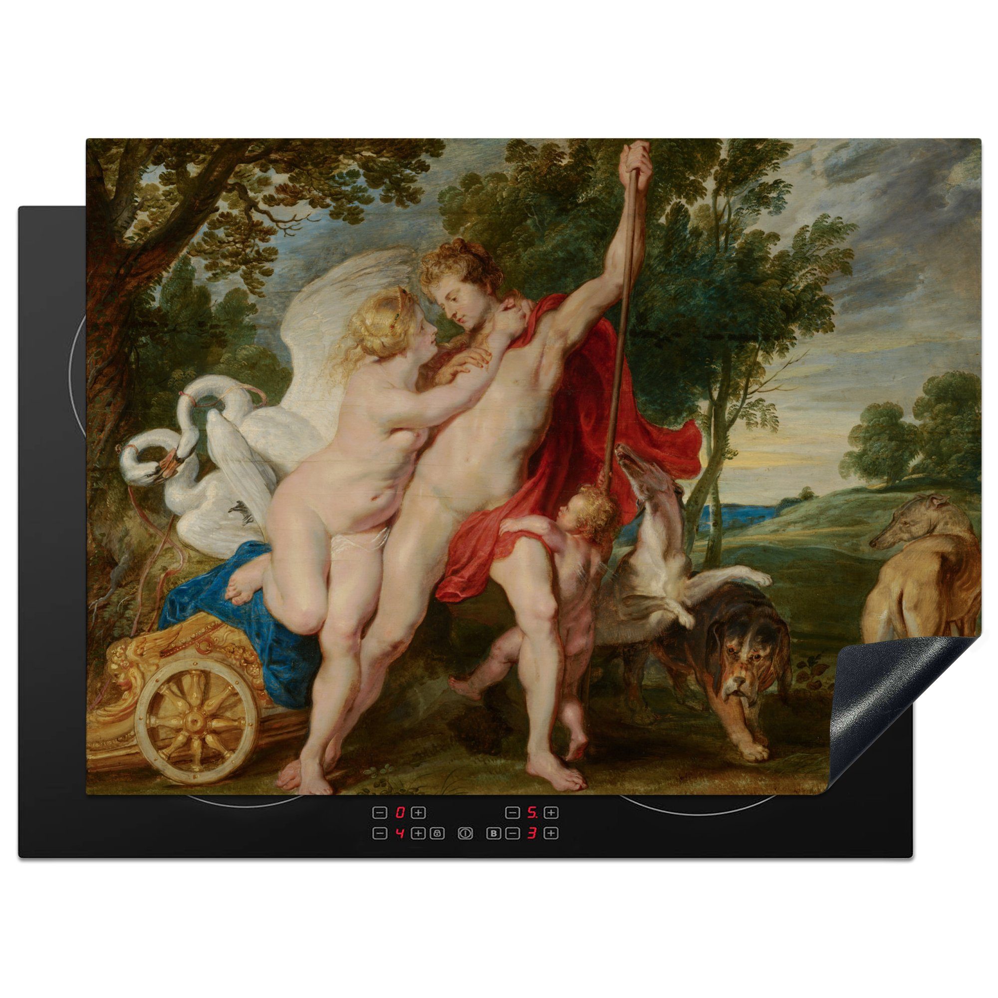 MuchoWow Herdblende-/Abdeckplatte Venus versucht, Adonis von der Jagd abzuhalten - Gemälde von Peter, Vinyl, (1 tlg), 70x52 cm, Mobile Arbeitsfläche nutzbar, Ceranfeldabdeckung
